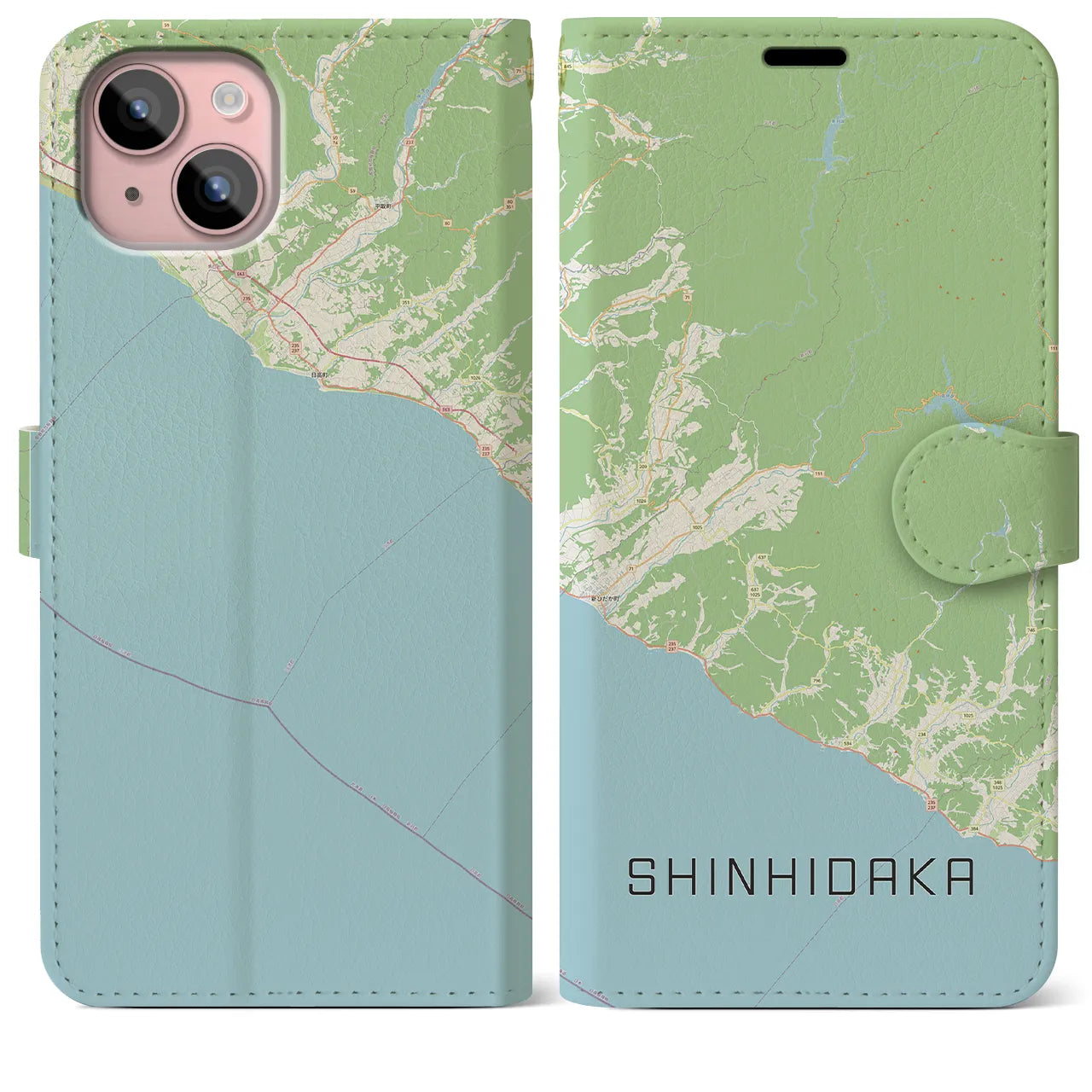 【新ひだか(北海道)】地図柄iPhoneケース(手帳タイプ)ナチュラル・iPhone 15 Plus 用