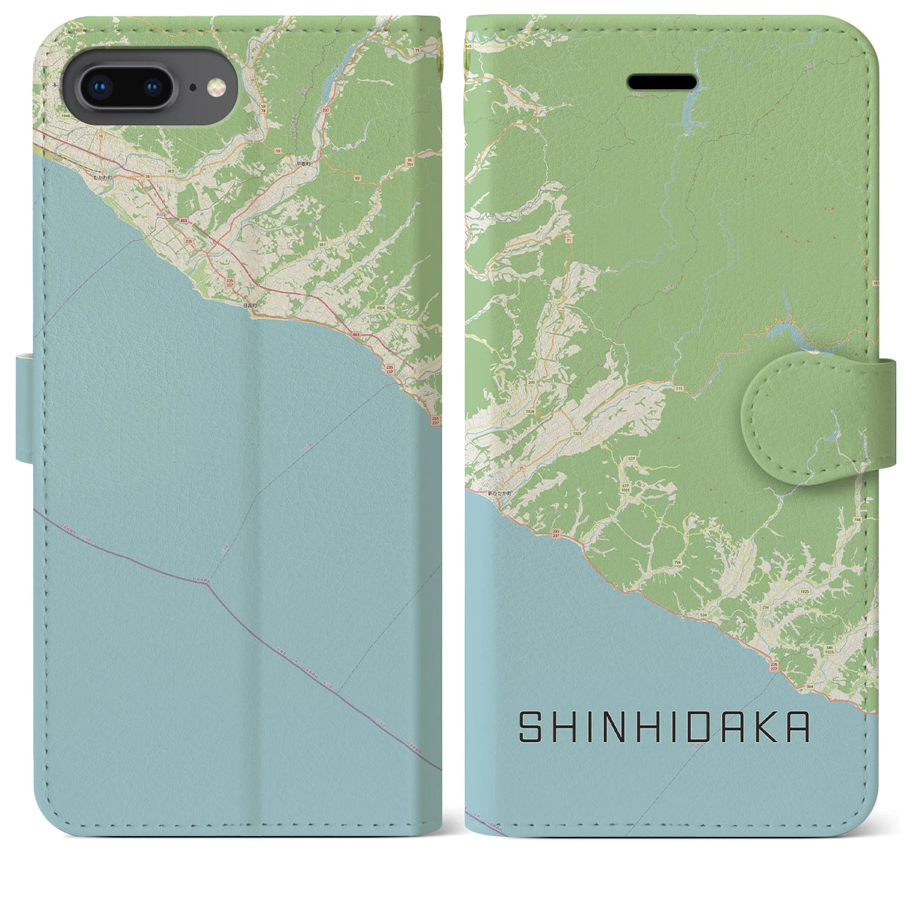 【新ひだか(北海道)】地図柄iPhoneケース(手帳タイプ)ナチュラル・iPhone 8Plus /7Plus / 6sPlus / 6Plus 用
