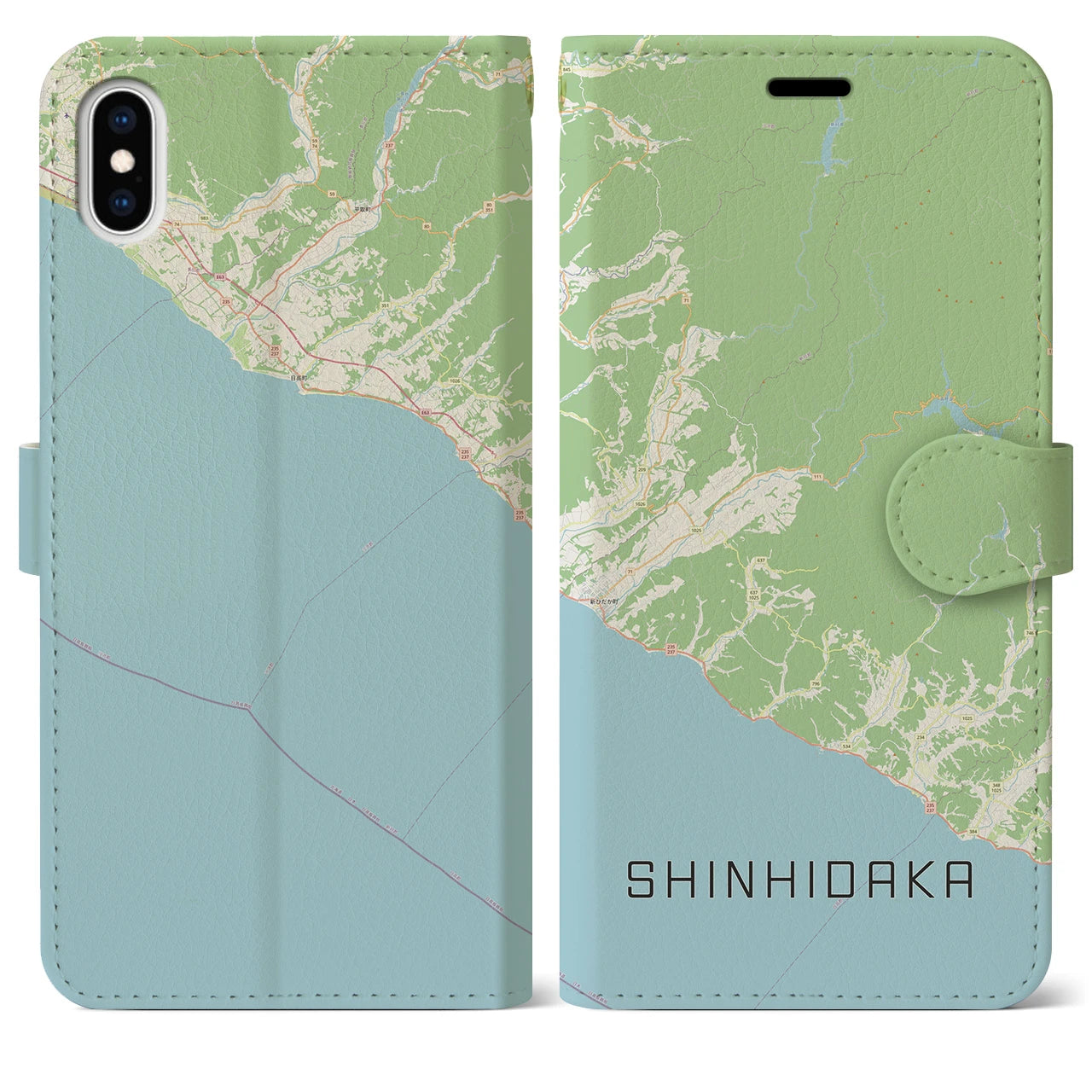 【新ひだか(北海道)】地図柄iPhoneケース(手帳タイプ)ナチュラル・iPhone XS Max 用