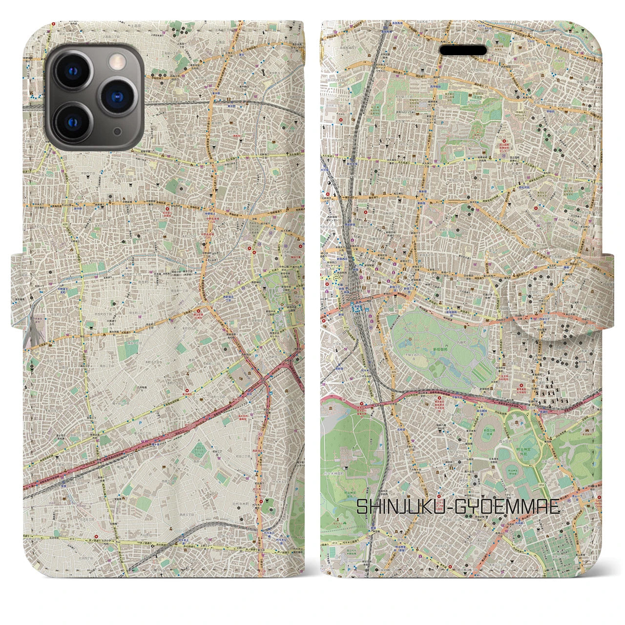【新宿御苑前(東京都)】地図柄iPhoneケース(手帳タイプ)ナチュラル・iPhone 11 Pro Max 用