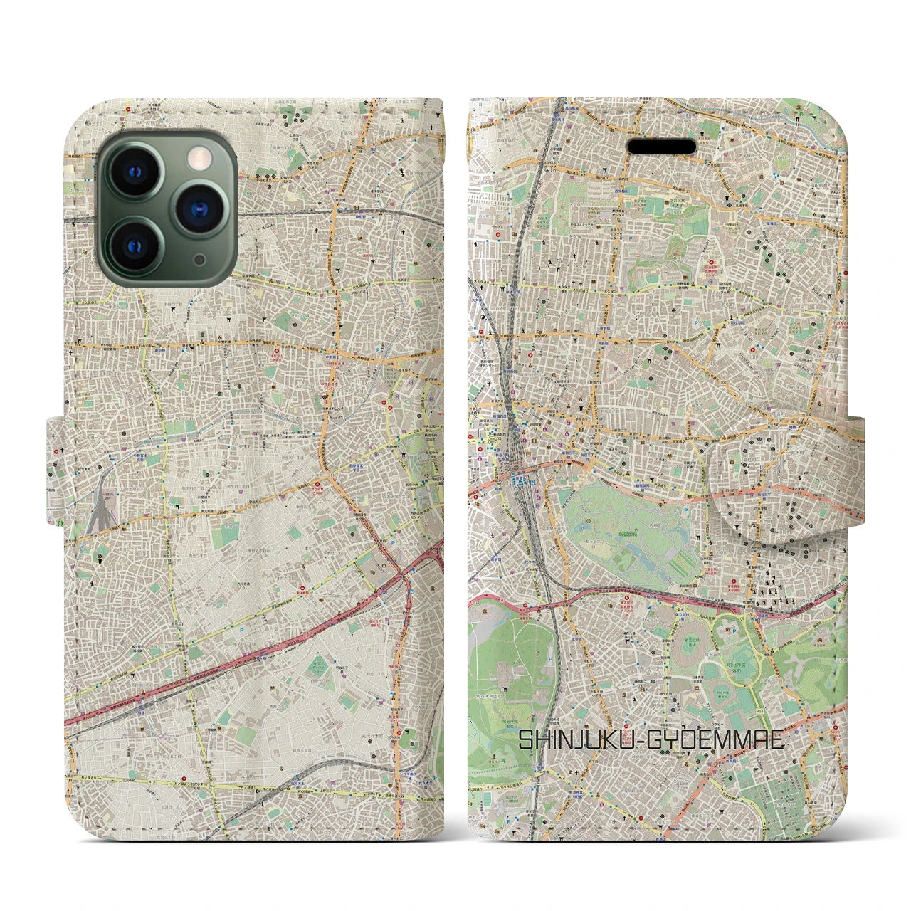 【新宿御苑前(東京都)】地図柄iPhoneケース(手帳タイプ)ナチュラル・iPhone 11 Pro 用