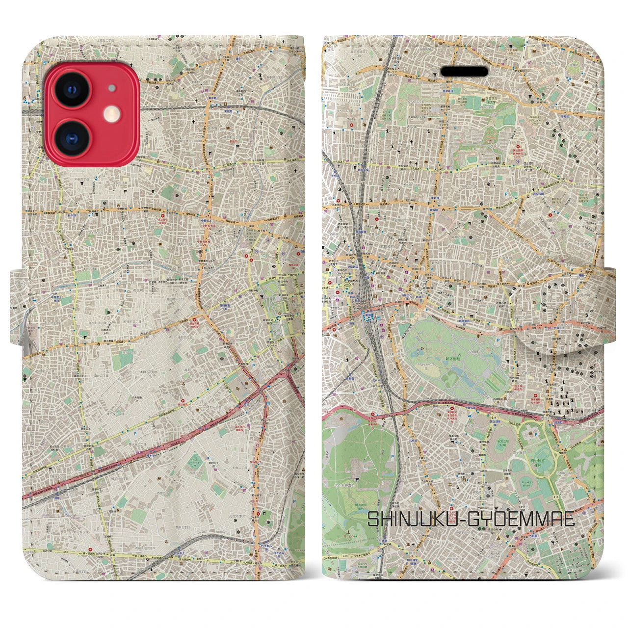 【新宿御苑前(東京都)】地図柄iPhoneケース(手帳タイプ)ナチュラル・iPhone 11 用