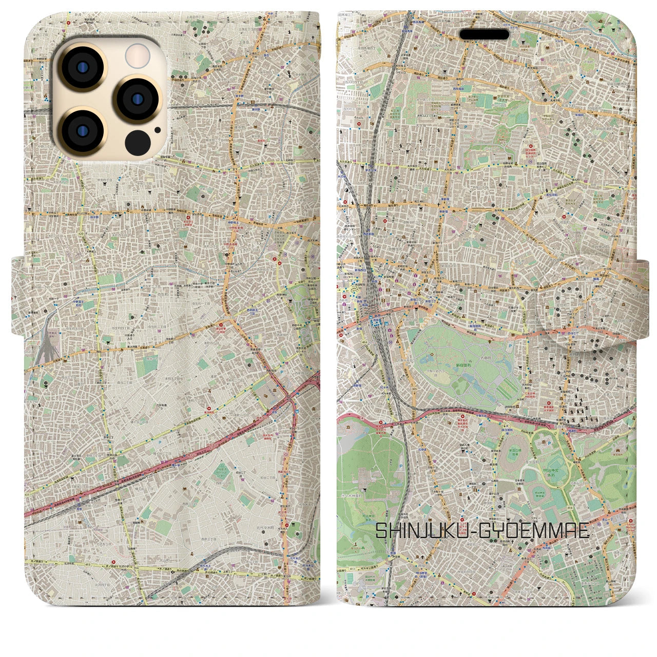 【新宿御苑前(東京都)】地図柄iPhoneケース(手帳タイプ)ナチュラル・iPhone 12 Pro Max 用