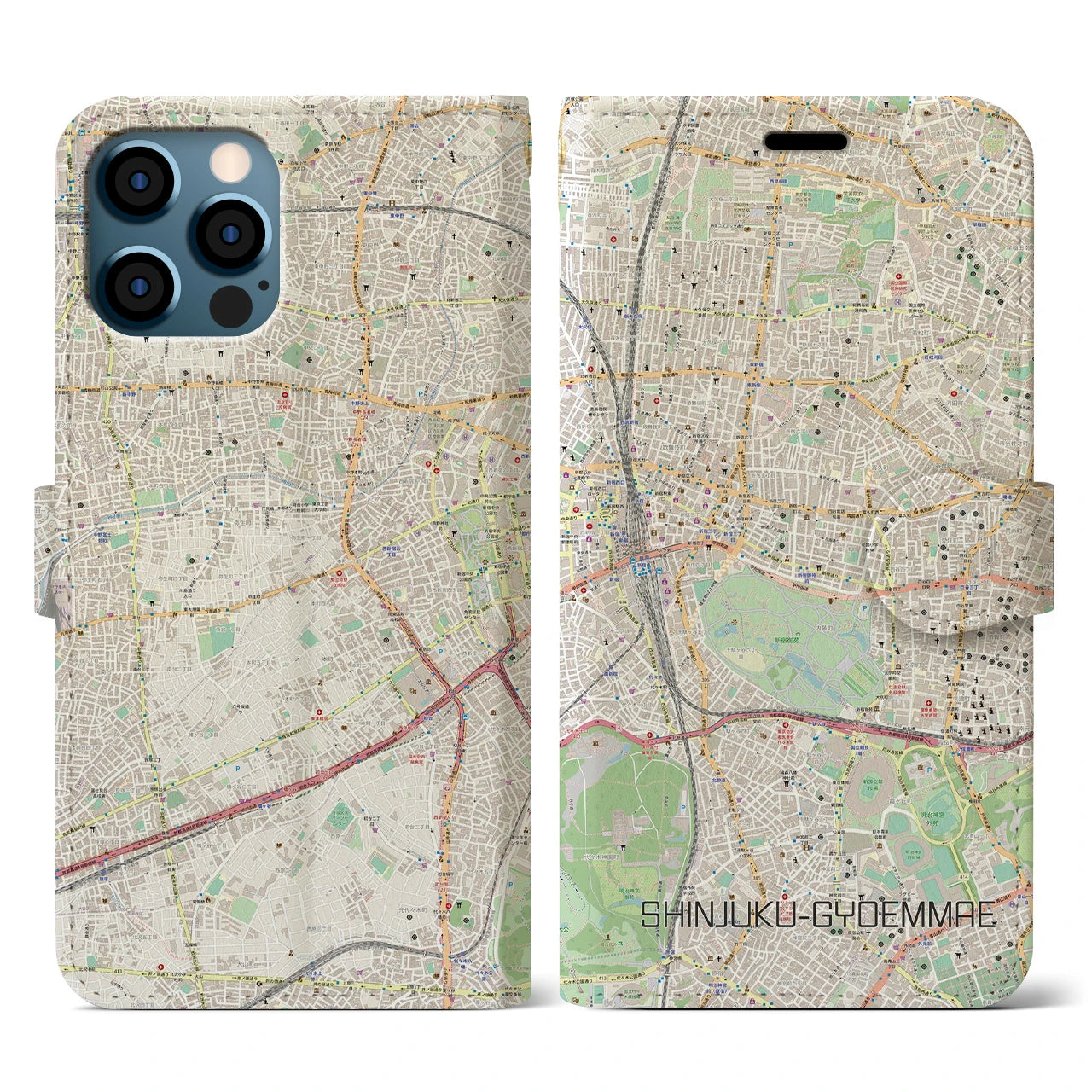 【新宿御苑前(東京都)】地図柄iPhoneケース(手帳タイプ)ナチュラル・iPhone 12 / 12 Pro 用
