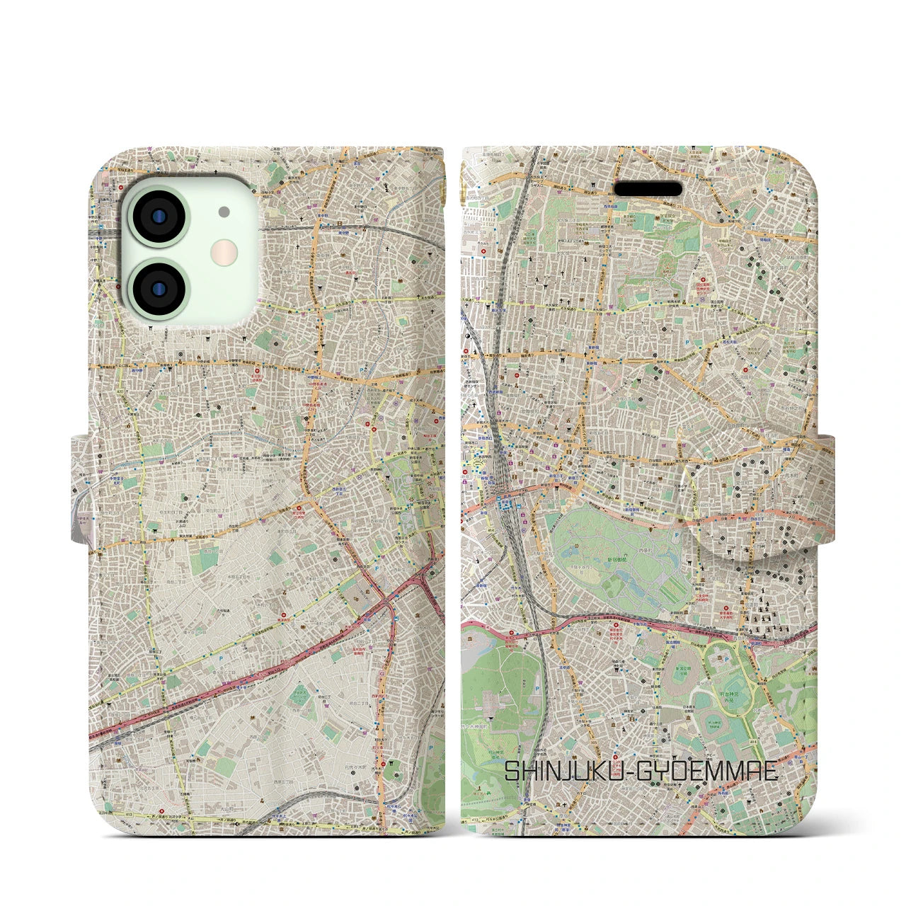 【新宿御苑前(東京都)】地図柄iPhoneケース(手帳タイプ)ナチュラル・iPhone 12 mini 用