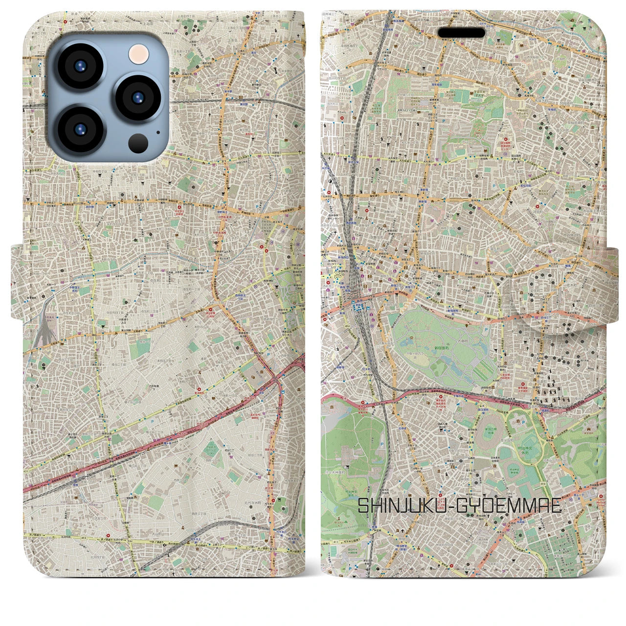 【新宿御苑前(東京都)】地図柄iPhoneケース(手帳タイプ)ナチュラル・iPhone 13 Pro Max 用