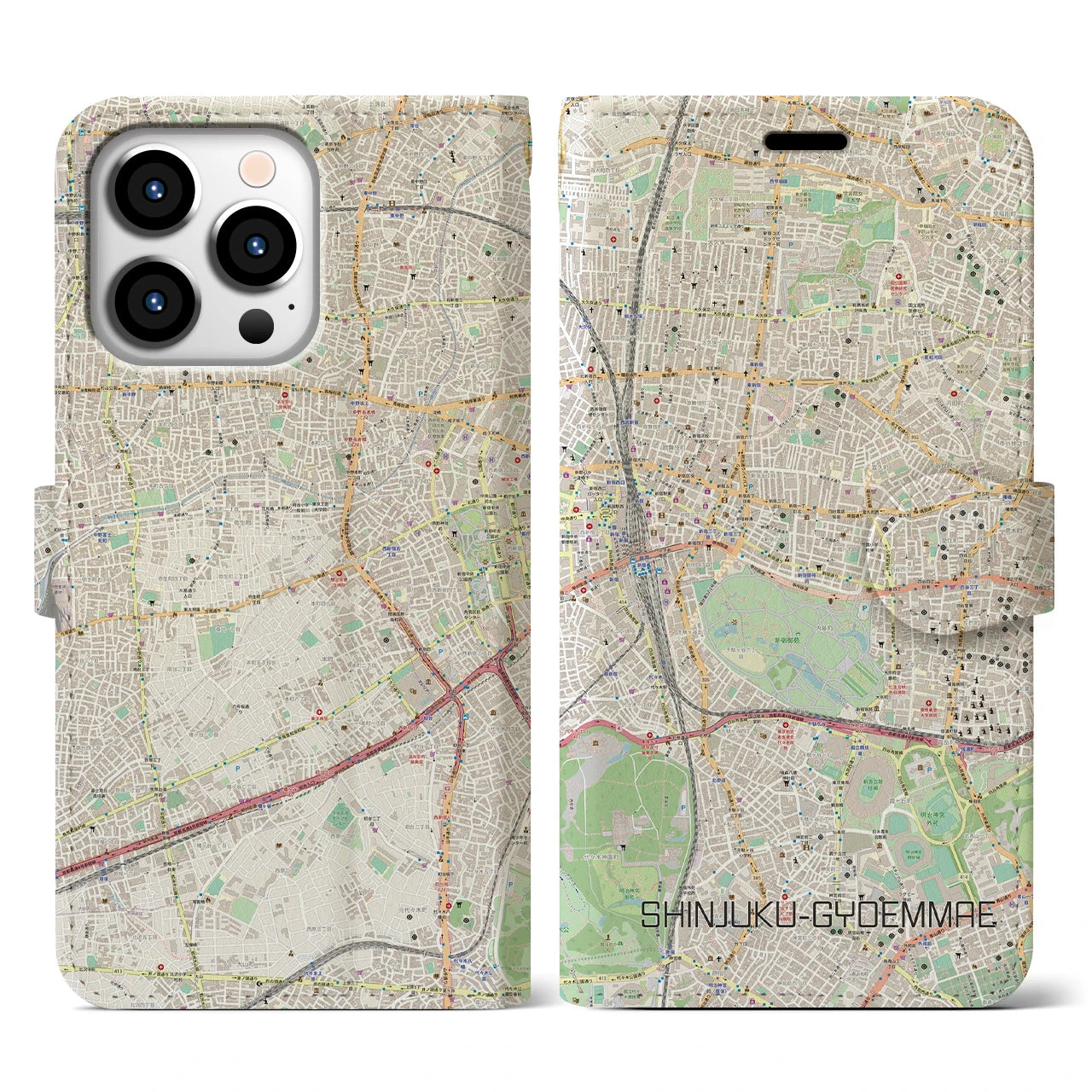 【新宿御苑前(東京都)】地図柄iPhoneケース(手帳タイプ)ナチュラル・iPhone 13 Pro 用