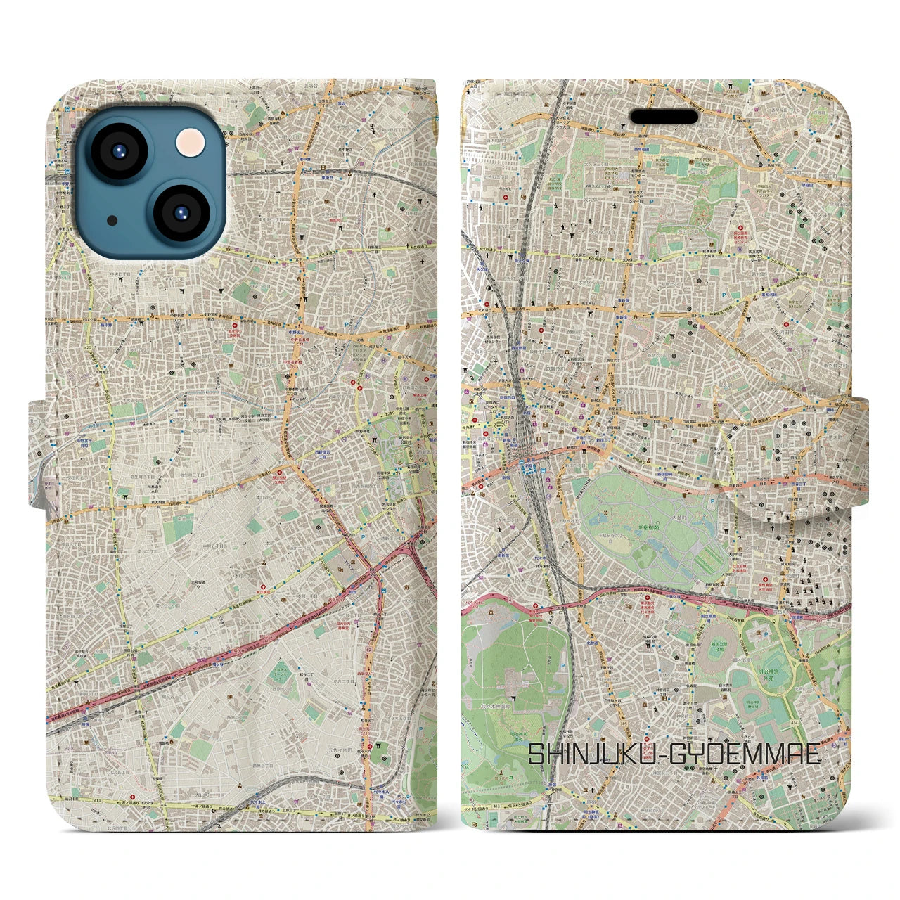 【新宿御苑前(東京都)】地図柄iPhoneケース(手帳タイプ)ナチュラル・iPhone 13 用