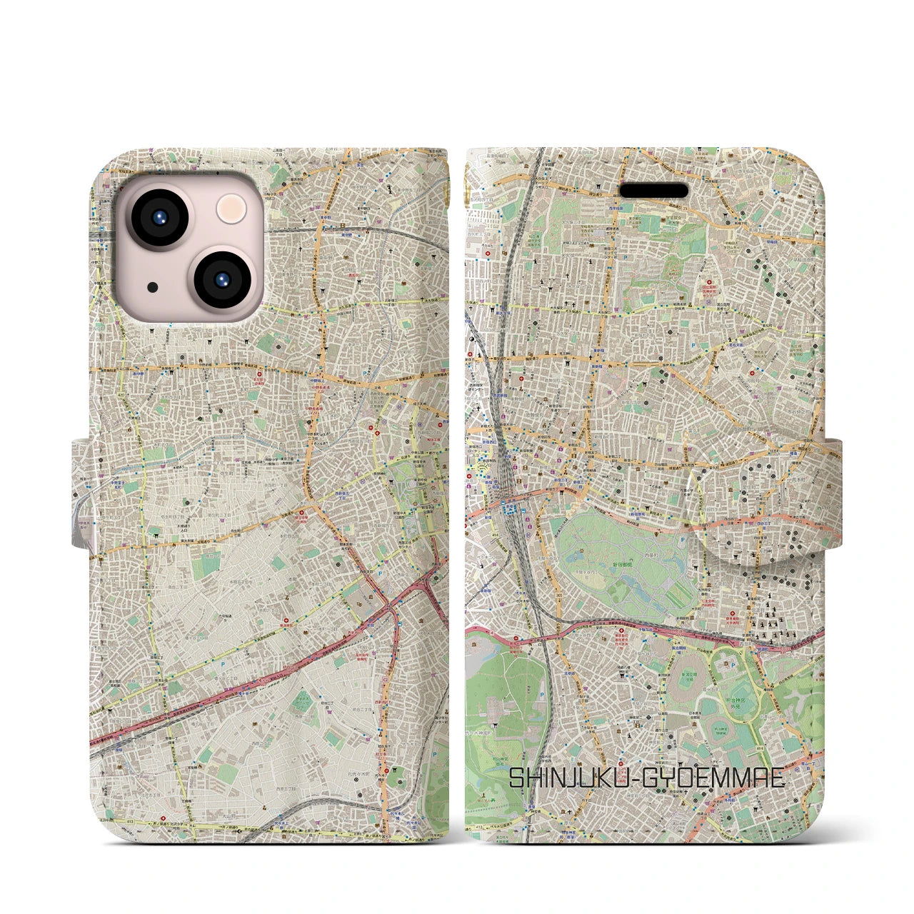 【新宿御苑前(東京都)】地図柄iPhoneケース(手帳タイプ)ナチュラル・iPhone 13 mini 用