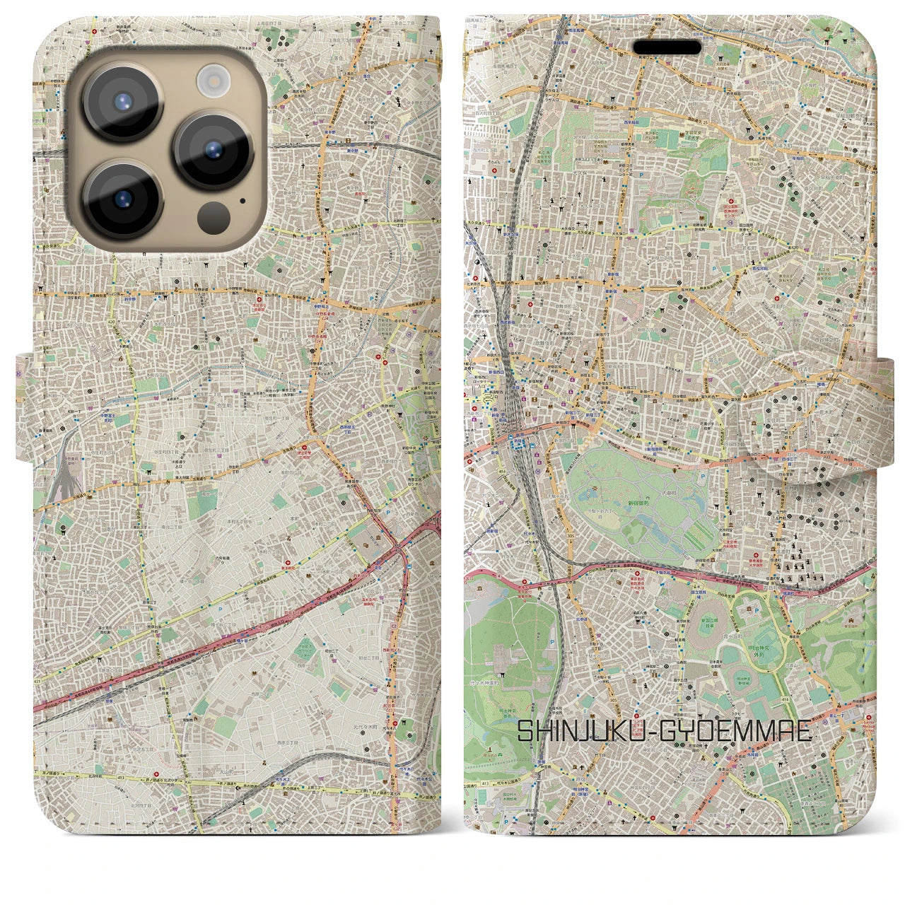 【新宿御苑前(東京都)】地図柄iPhoneケース(手帳タイプ)ナチュラル・iPhone 14 Pro Max 用