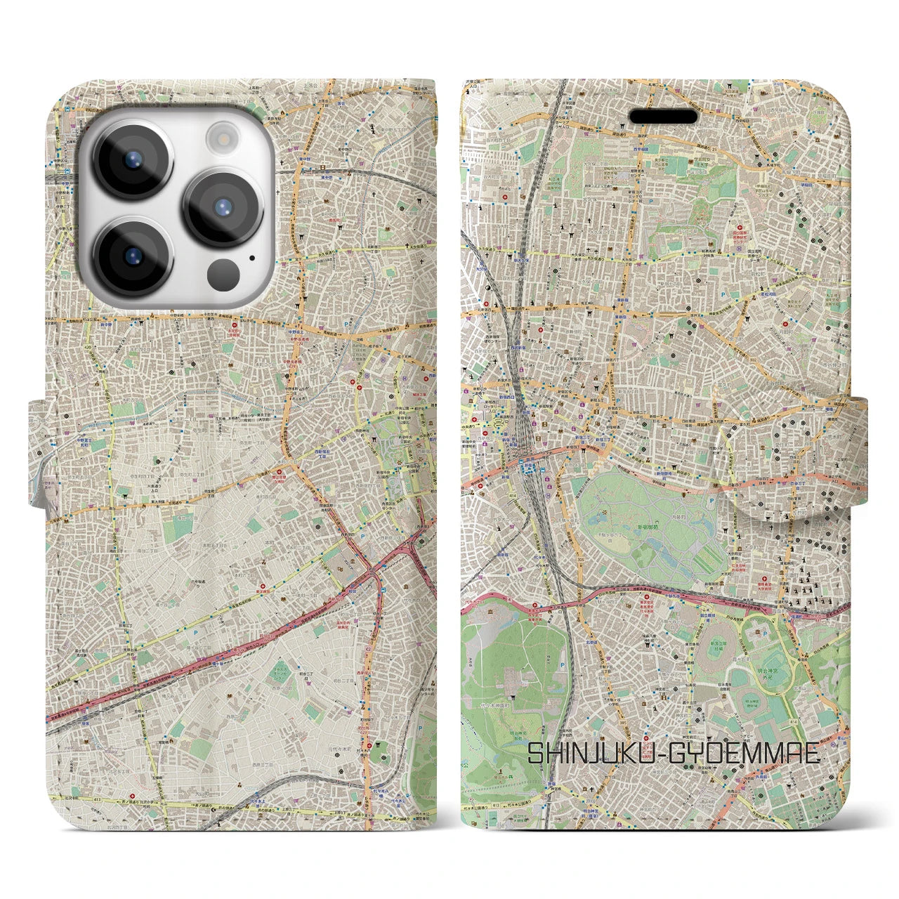 【新宿御苑前(東京都)】地図柄iPhoneケース(手帳タイプ)ナチュラル・iPhone 14 Pro 用