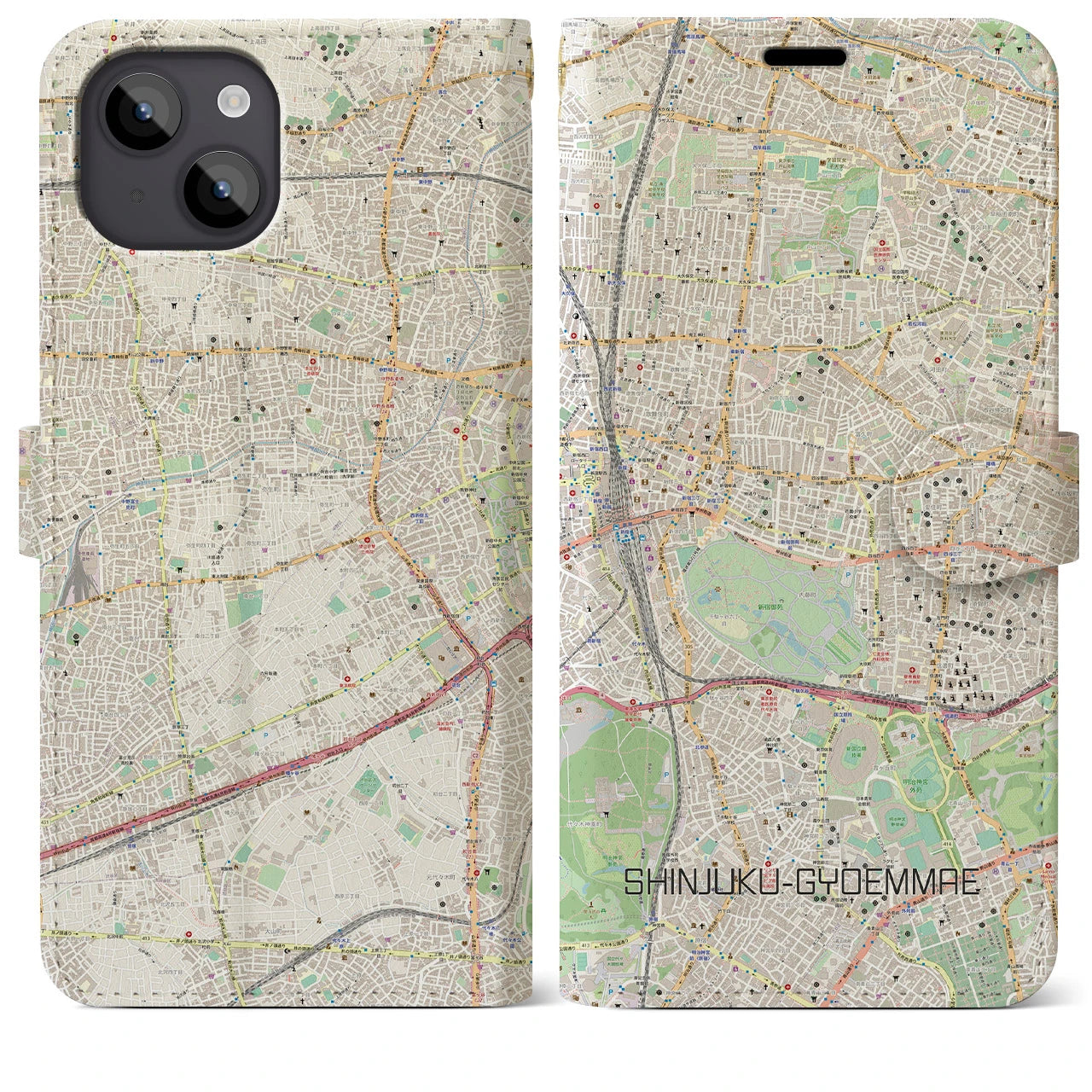 【新宿御苑前(東京都)】地図柄iPhoneケース(手帳タイプ)ナチュラル・iPhone 14 Plus 用