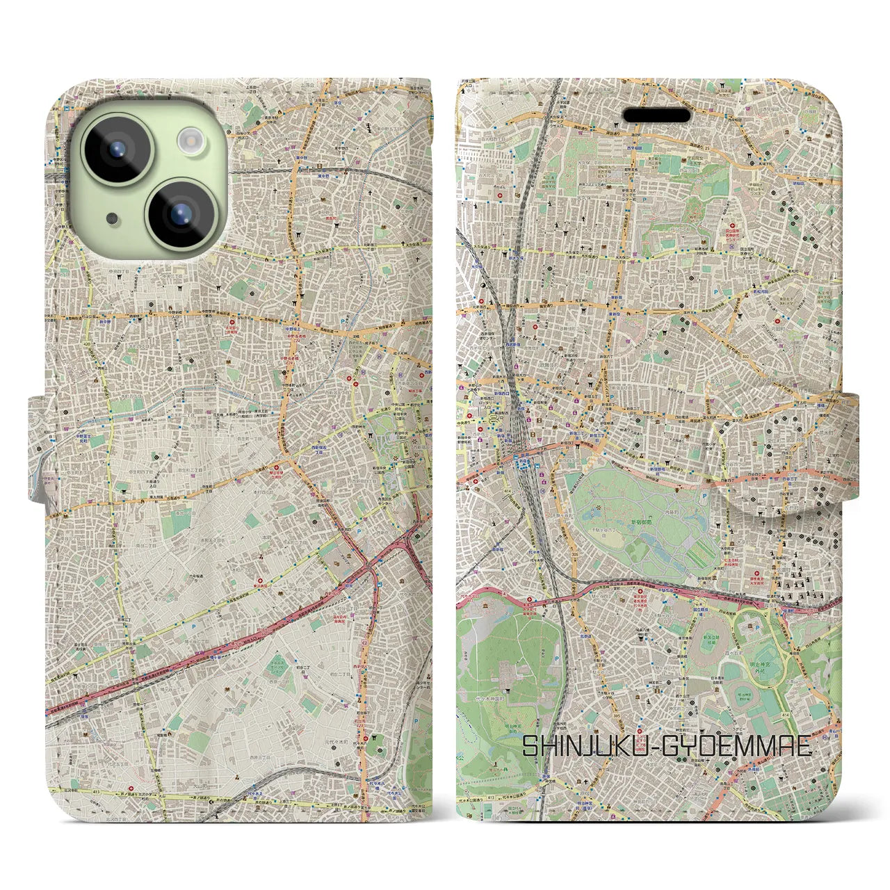 【新宿御苑前(東京都)】地図柄iPhoneケース(手帳タイプ)ナチュラル・iPhone 15 用
