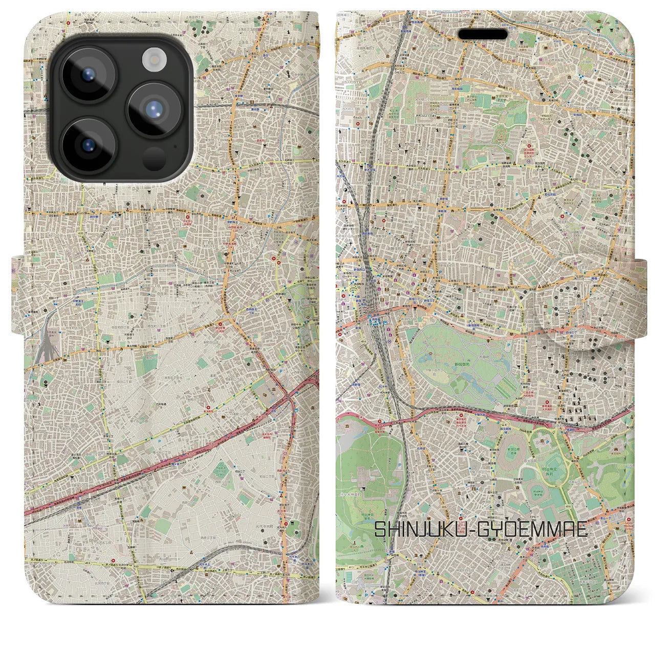 【新宿御苑前(東京都)】地図柄iPhoneケース(手帳タイプ)ナチュラル・iPhone 15 Pro Max 用