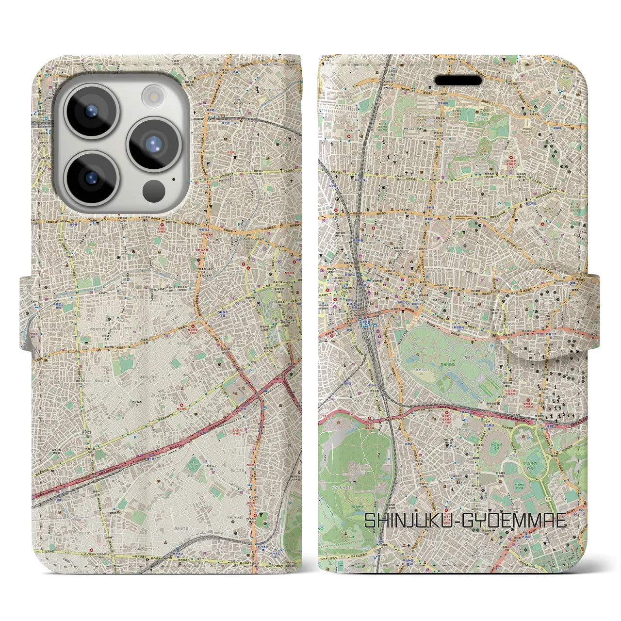 【新宿御苑前(東京都)】地図柄iPhoneケース(手帳タイプ)ナチュラル・iPhone 15 Pro 用