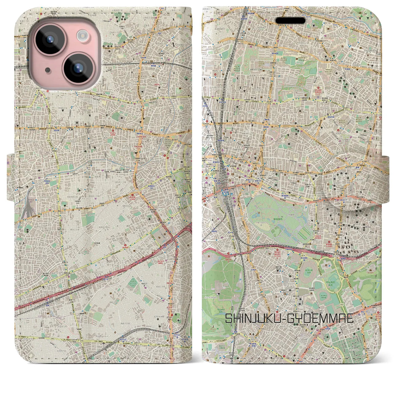 【新宿御苑前(東京都)】地図柄iPhoneケース(手帳タイプ)ナチュラル・iPhone 15 Plus 用
