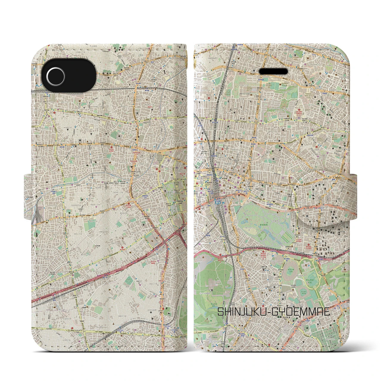 【新宿御苑前(東京都)】地図柄iPhoneケース(手帳タイプ)ナチュラル・iPhone SE(第3 / 第2世代) / 8 / 7 / 6s / 6 用