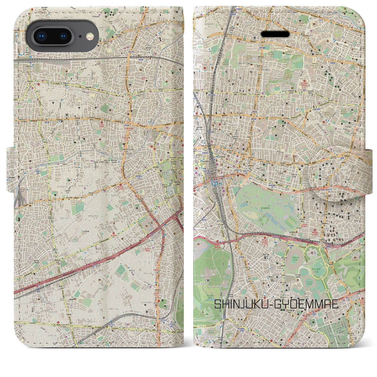 【新宿御苑前(東京都)】地図柄iPhoneケース(手帳タイプ)ナチュラル・iPhone 8Plus /7Plus / 6sPlus / 6Plus 用