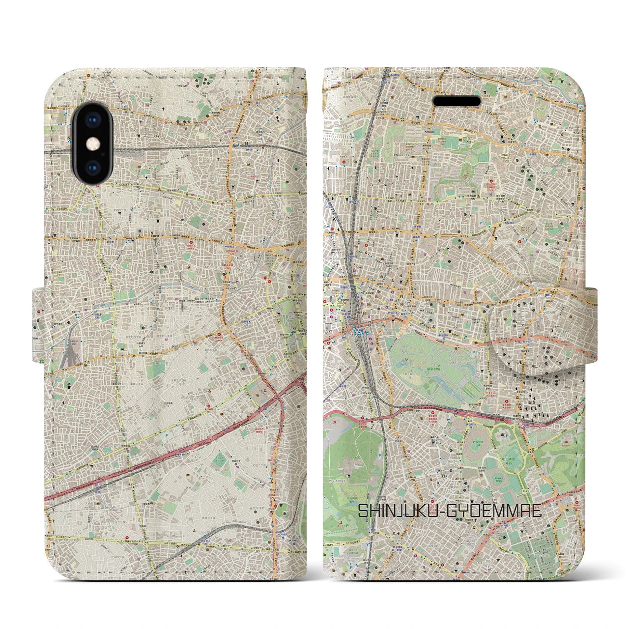 【新宿御苑前(東京都)】地図柄iPhoneケース(手帳タイプ)ナチュラル・iPhone XS / X 用