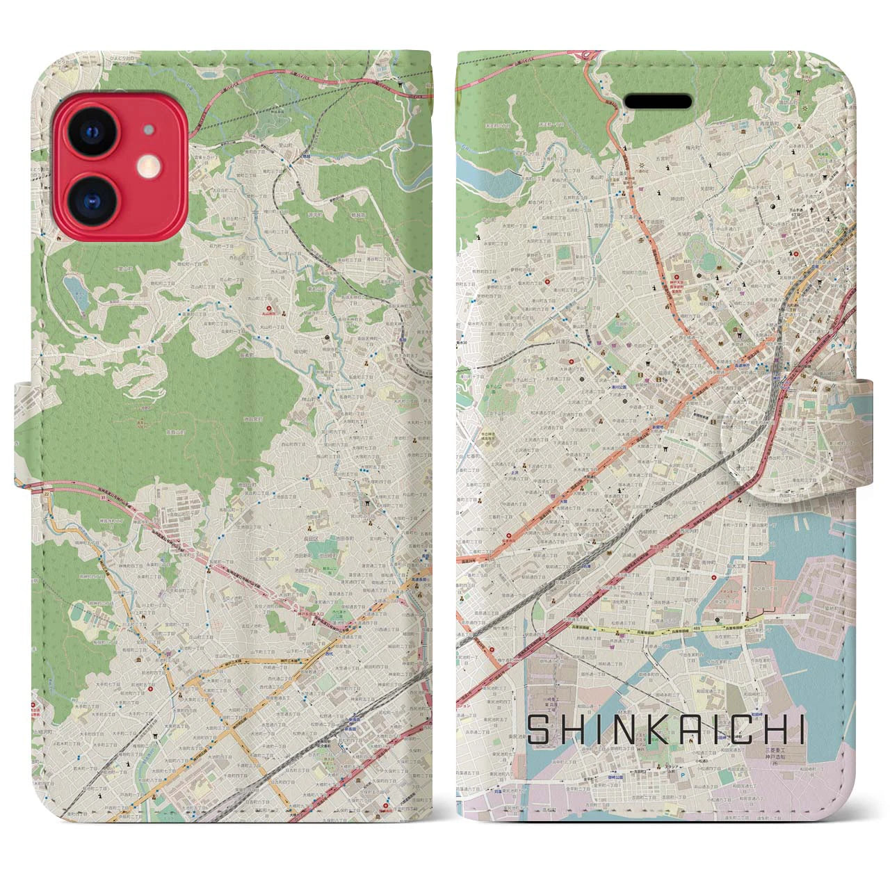 【新開地(兵庫県)】地図柄iPhoneケース(手帳タイプ)ナチュラル・iPhone 11 用