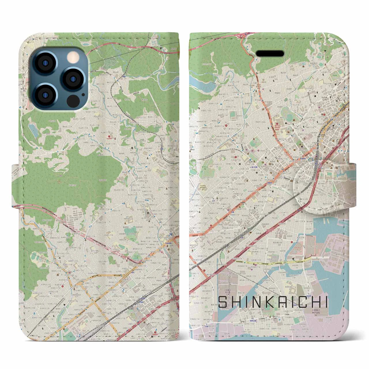 【新開地(兵庫県)】地図柄iPhoneケース(手帳タイプ)ナチュラル・iPhone 12 / 12 Pro 用