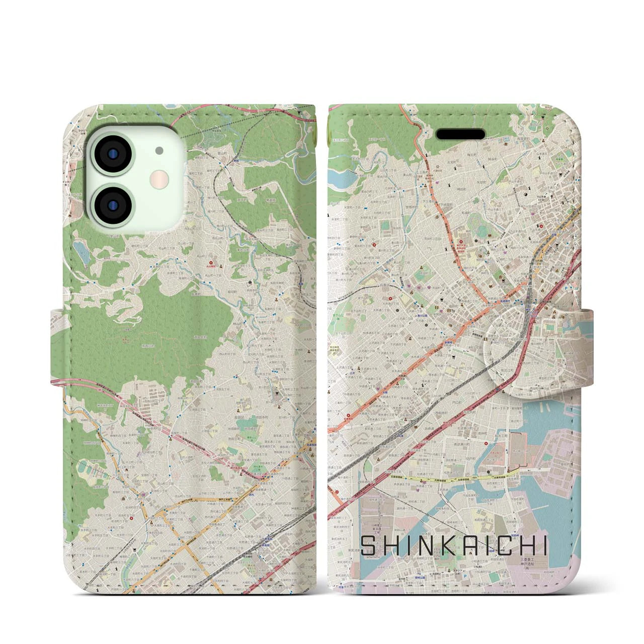 【新開地(兵庫県)】地図柄iPhoneケース(手帳タイプ)ナチュラル・iPhone 12 mini 用