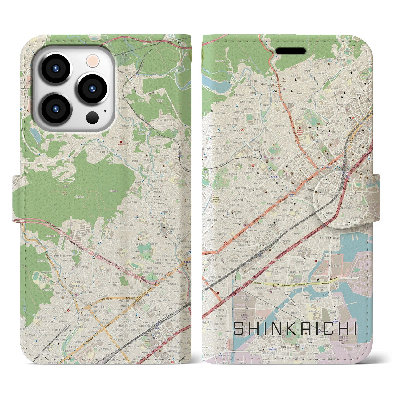 【新開地(兵庫県)】地図柄iPhoneケース(手帳タイプ)ナチュラル・iPhone 13 Pro 用