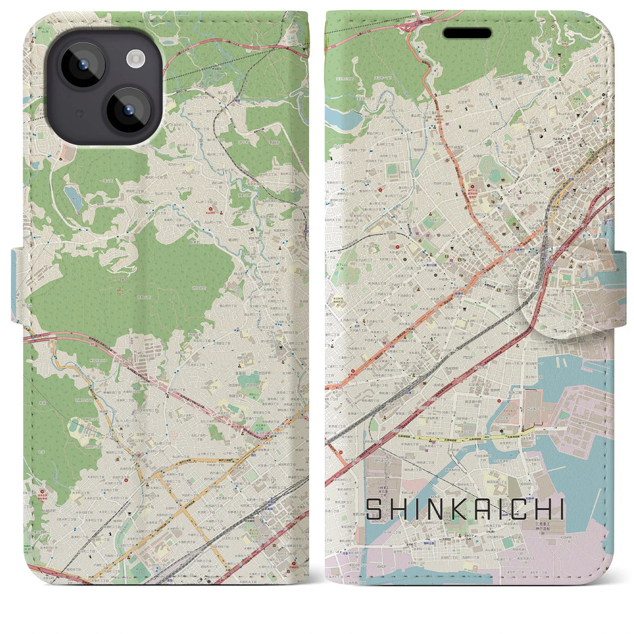 【新開地(兵庫県)】地図柄iPhoneケース(手帳タイプ)ナチュラル・iPhone 14 Plus 用