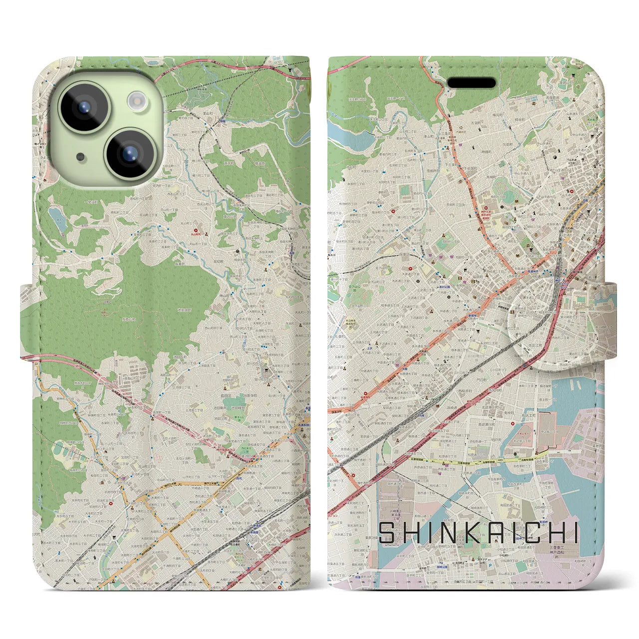 【新開地(兵庫県)】地図柄iPhoneケース(手帳タイプ)ナチュラル・iPhone 15 用
