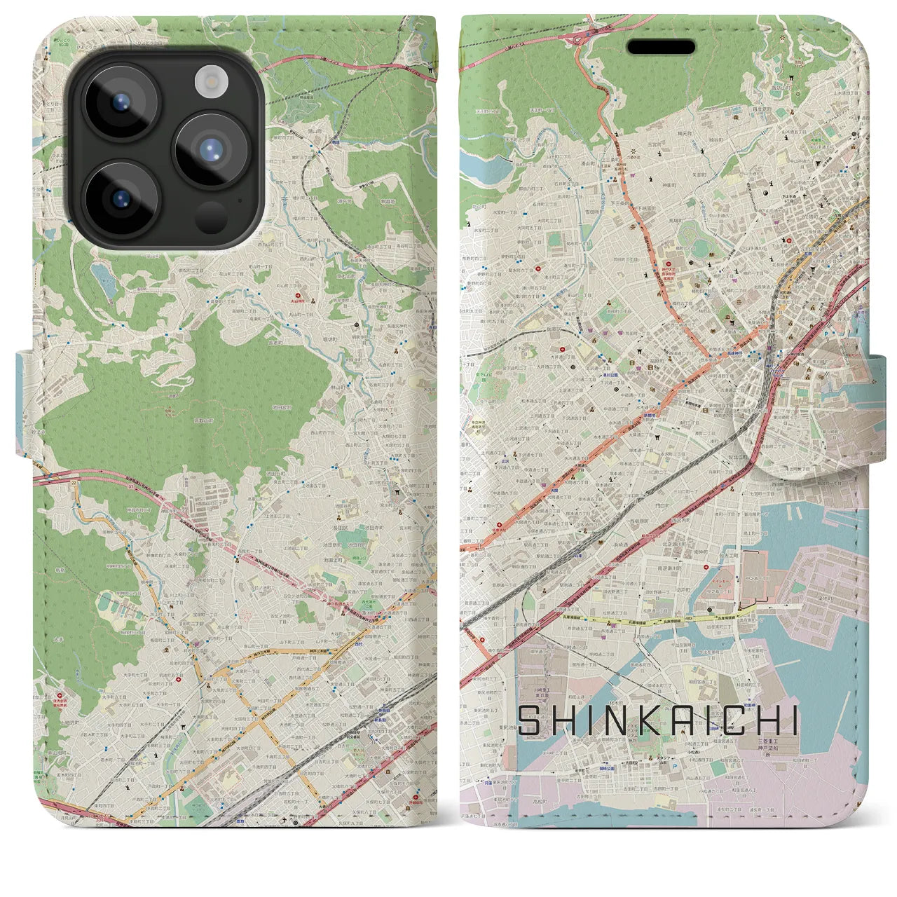 【新開地(兵庫県)】地図柄iPhoneケース(手帳タイプ)ナチュラル・iPhone 15 Pro Max 用