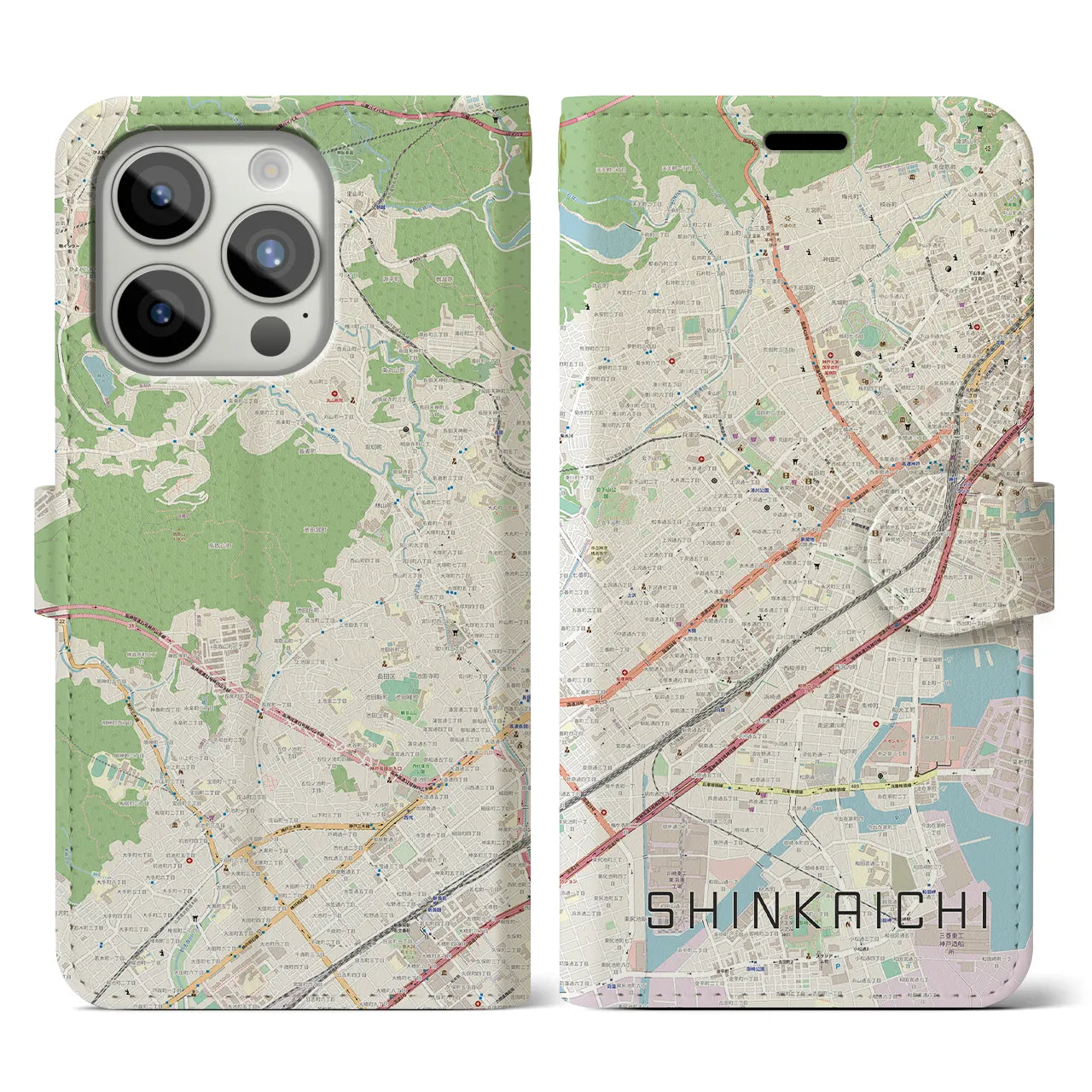【新開地(兵庫県)】地図柄iPhoneケース(手帳タイプ)ナチュラル・iPhone 15 Pro 用