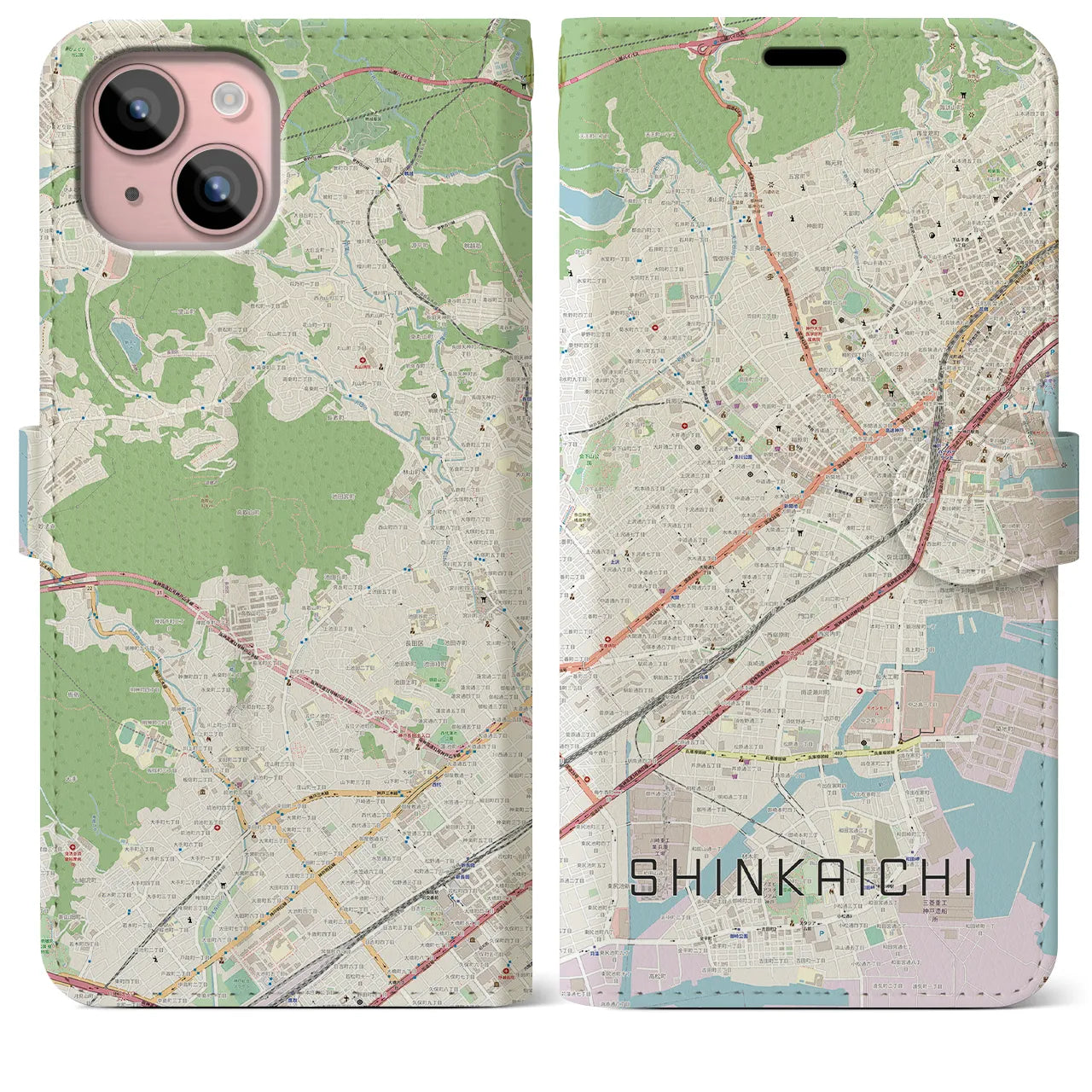 【新開地(兵庫県)】地図柄iPhoneケース(手帳タイプ)ナチュラル・iPhone 15 Plus 用