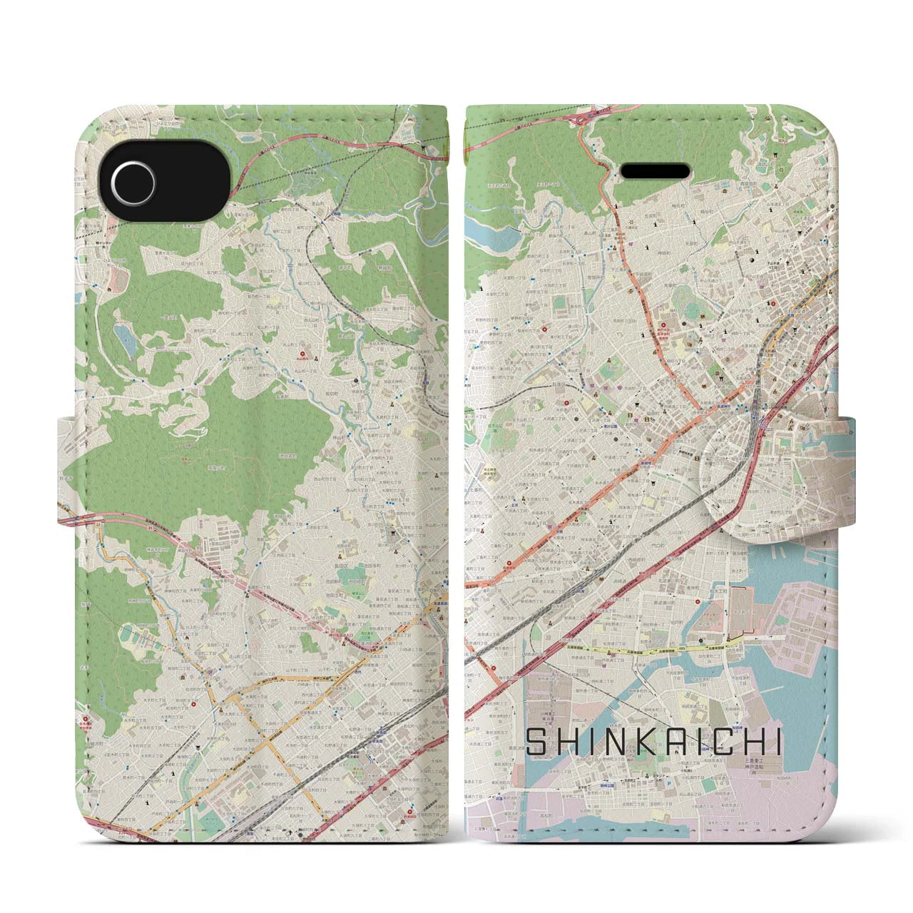 【新開地(兵庫県)】地図柄iPhoneケース(手帳タイプ)ナチュラル・iPhone SE(第3 / 第2世代) / 8 / 7 / 6s / 6 用