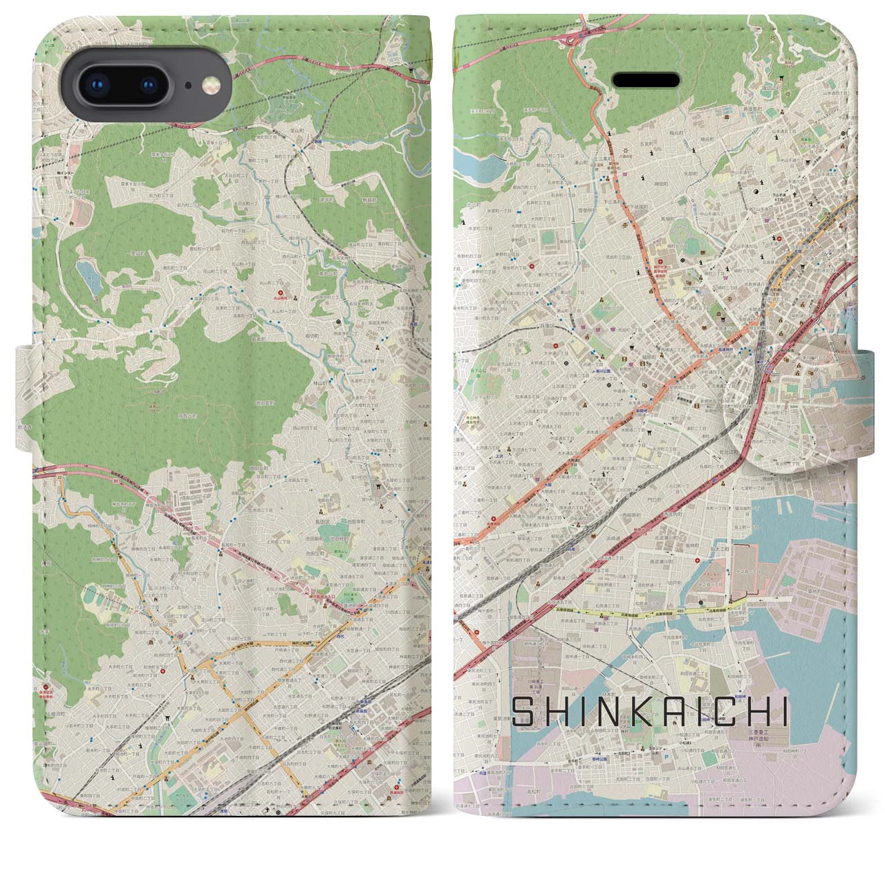 【新開地(兵庫県)】地図柄iPhoneケース(手帳タイプ)ナチュラル・iPhone 8Plus /7Plus / 6sPlus / 6Plus 用