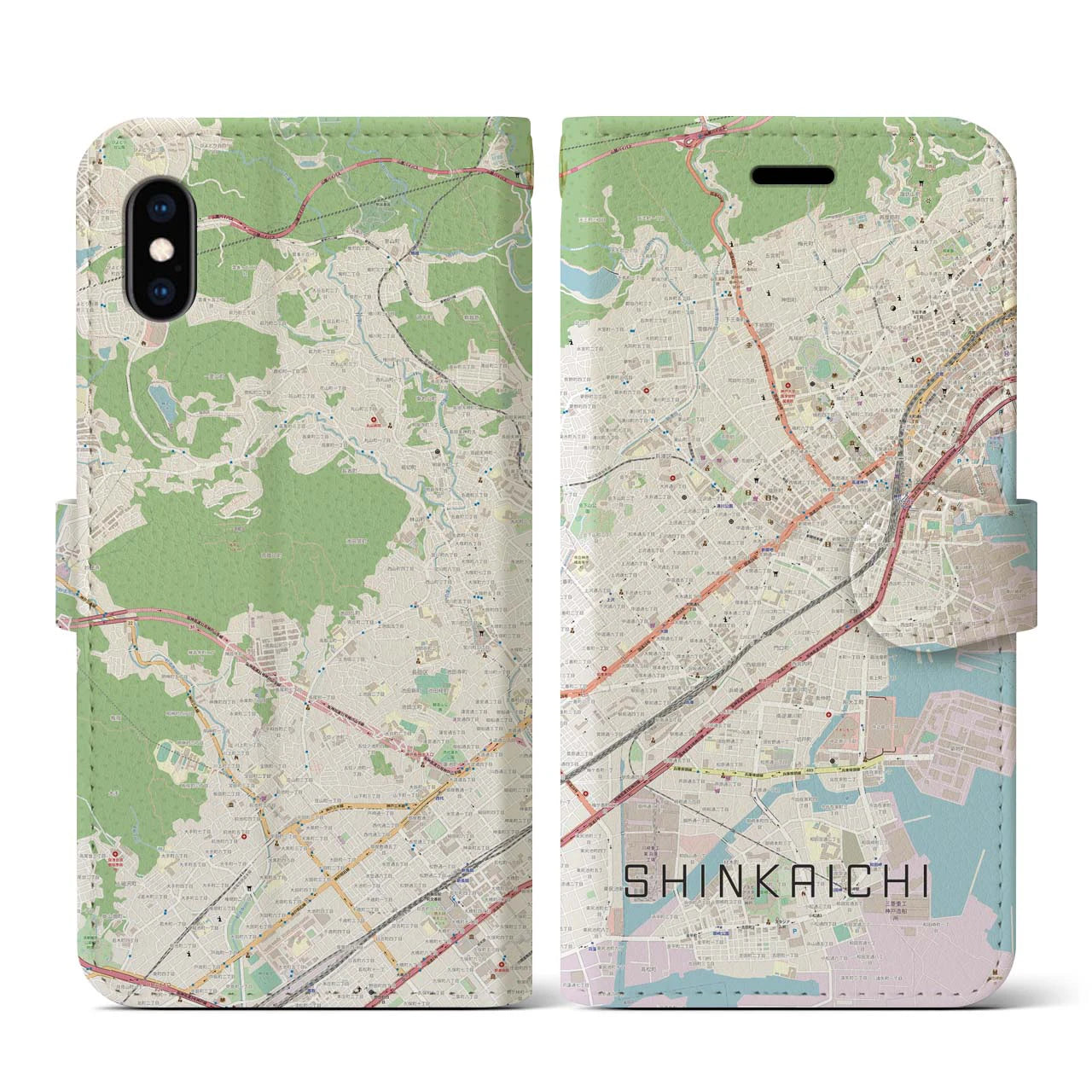 【新開地(兵庫県)】地図柄iPhoneケース(手帳タイプ)ナチュラル・iPhone XS / X 用