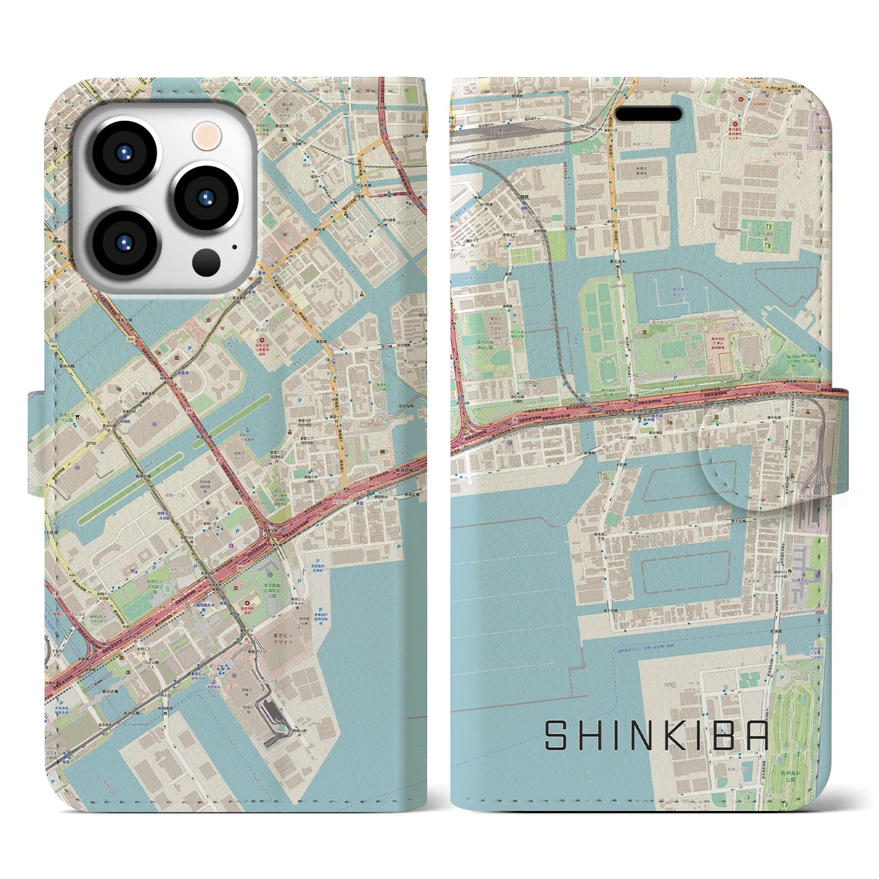 【新木場(東京都)】地図柄iPhoneケース(手帳タイプ)ナチュラル・iPhone 13 Pro 用