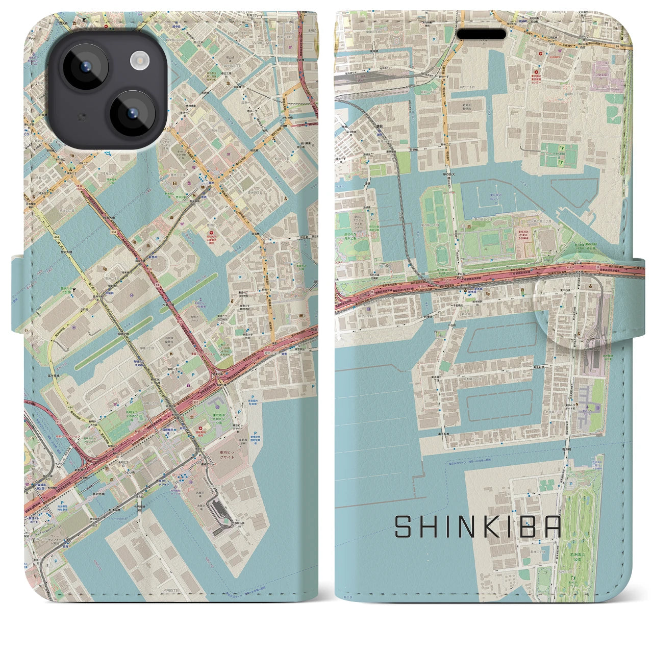 【新木場(東京都)】地図柄iPhoneケース(手帳タイプ)ナチュラル・iPhone 14 Plus 用