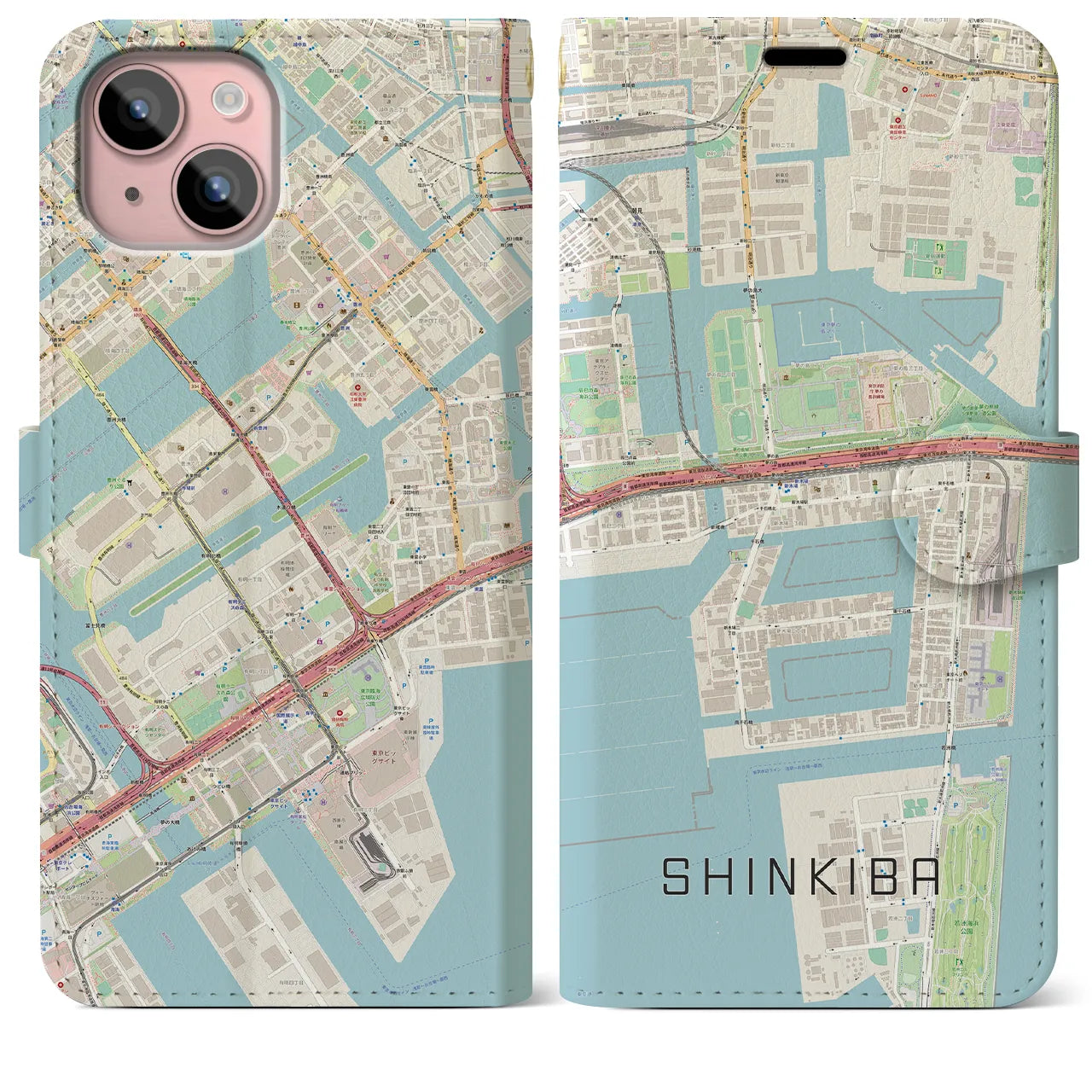 【新木場(東京都)】地図柄iPhoneケース(手帳タイプ)ナチュラル・iPhone 15 Plus 用