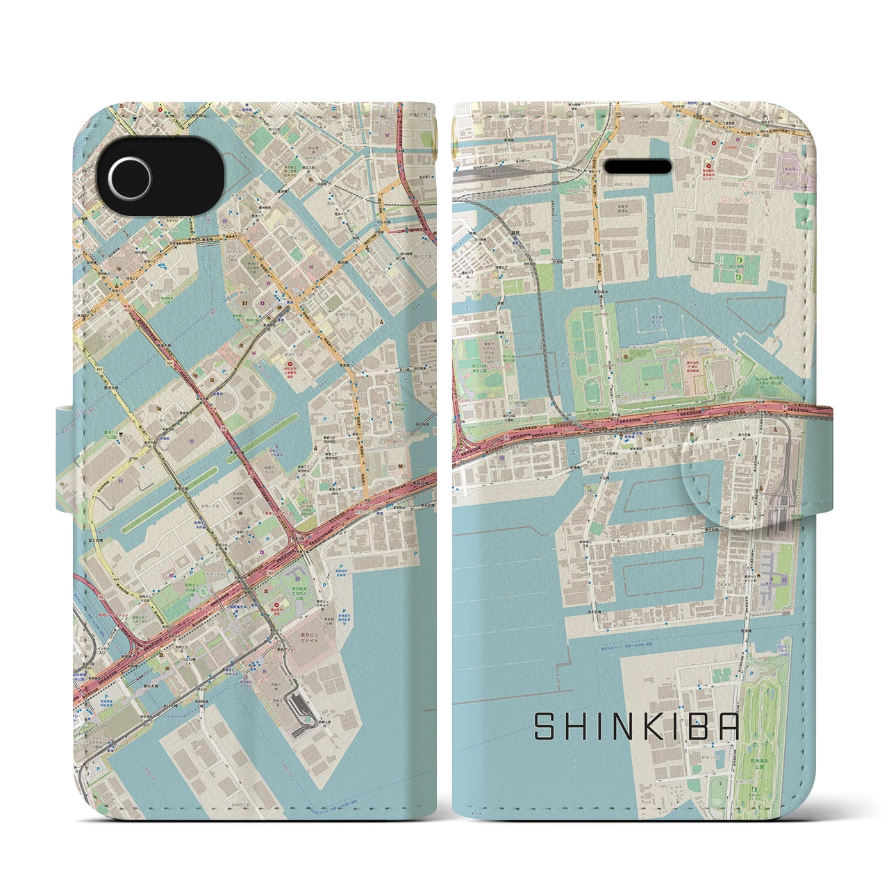 【新木場(東京都)】地図柄iPhoneケース(手帳タイプ)ナチュラル・iPhone SE(第3 / 第2世代) / 8 / 7 / 6s / 6 用