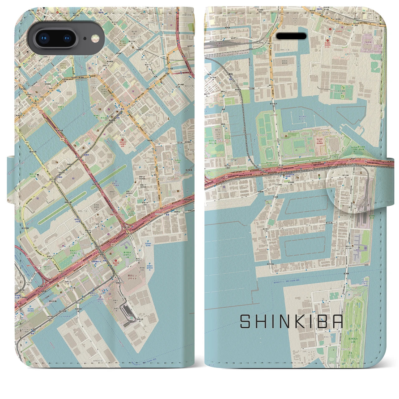 【新木場(東京都)】地図柄iPhoneケース(手帳タイプ)ナチュラル・iPhone 8Plus /7Plus / 6sPlus / 6Plus 用
