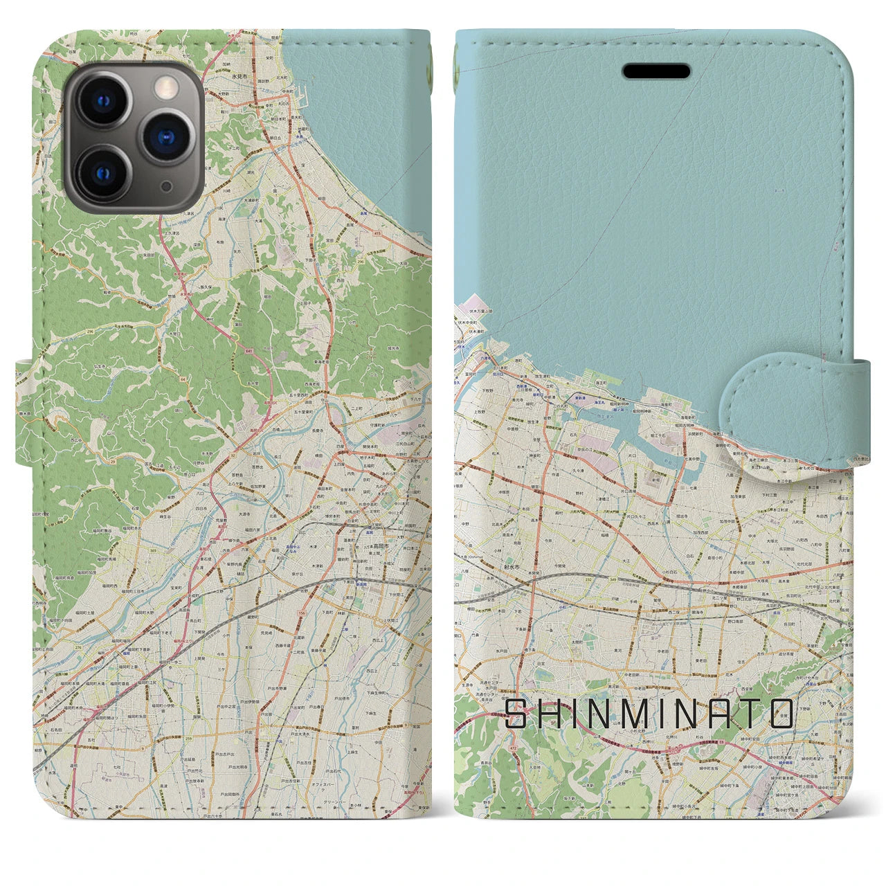 【新湊(富山県)】地図柄iPhoneケース(手帳タイプ)ナチュラル・iPhone 11 Pro Max 用