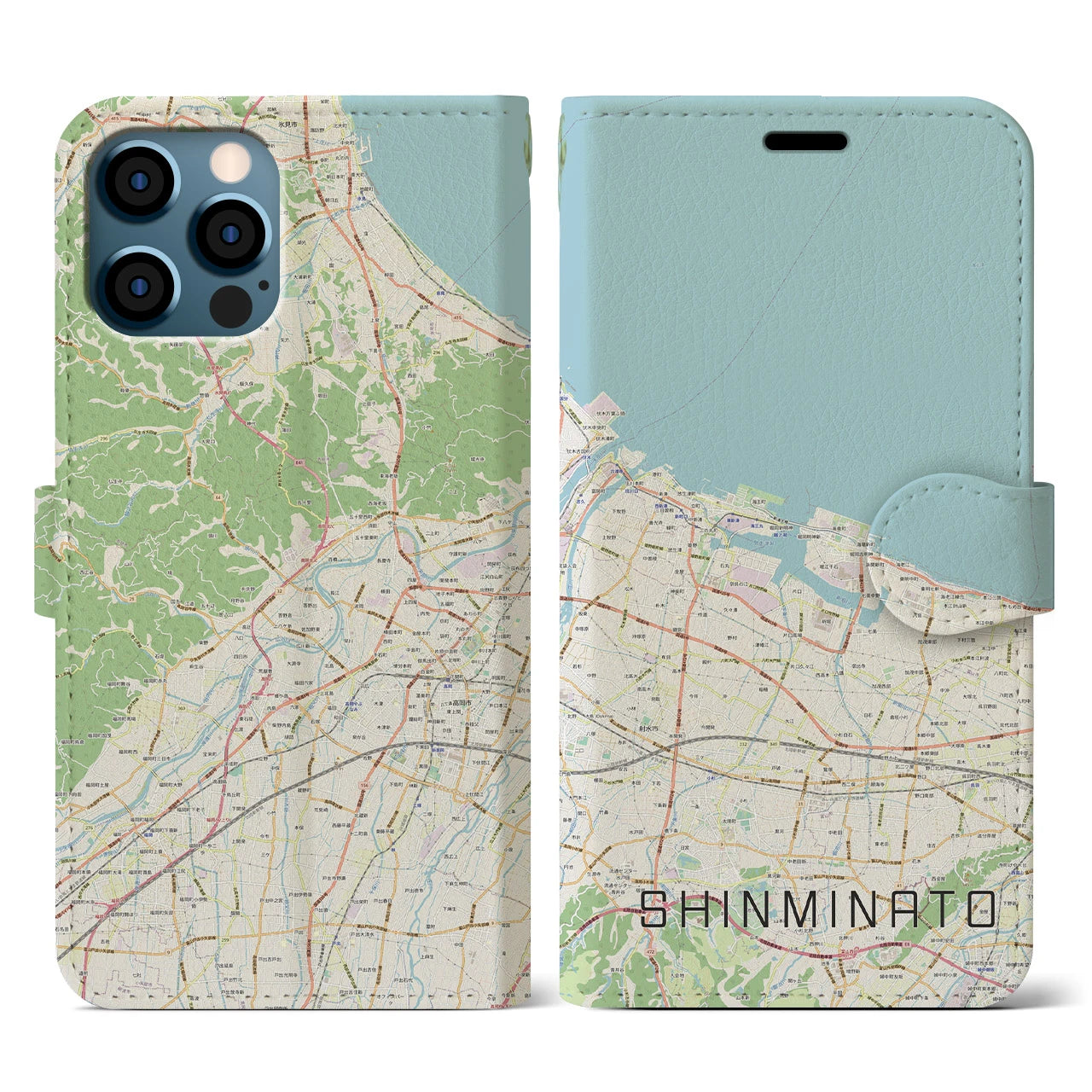 【新湊(富山県)】地図柄iPhoneケース(手帳タイプ)ナチュラル・iPhone 12 / 12 Pro 用