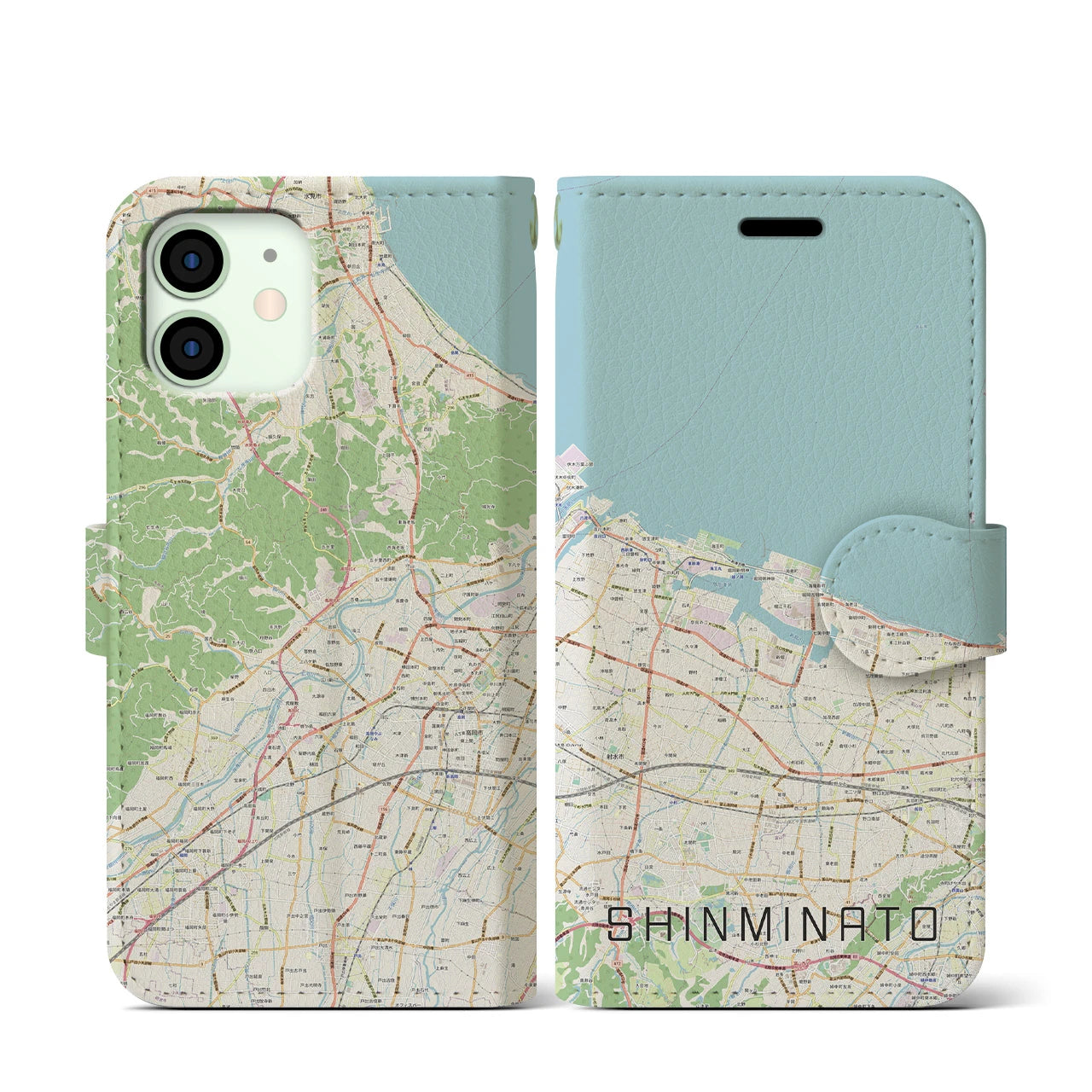 【新湊(富山県)】地図柄iPhoneケース(手帳タイプ)ナチュラル・iPhone 12 mini 用