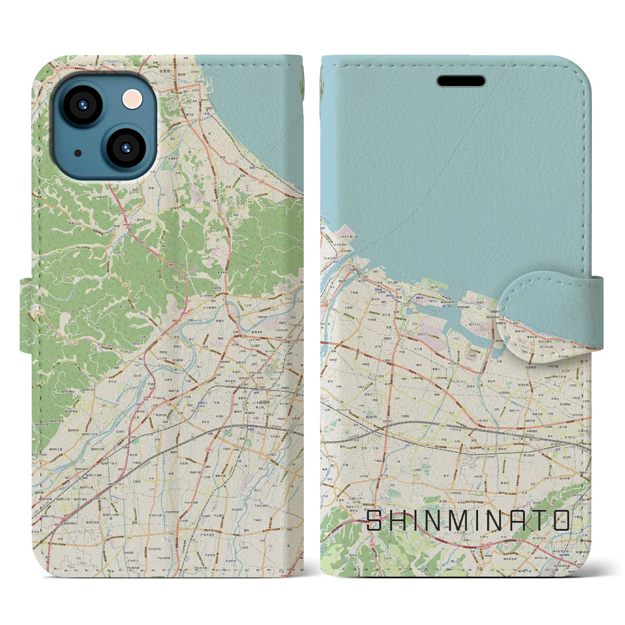 【新湊(富山県)】地図柄iPhoneケース(手帳タイプ)ナチュラル・iPhone 13 用