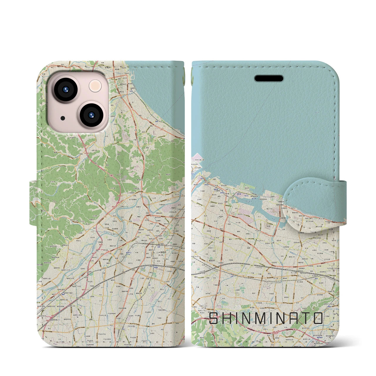 【新湊(富山県)】地図柄iPhoneケース(手帳タイプ)ナチュラル・iPhone 13 mini 用