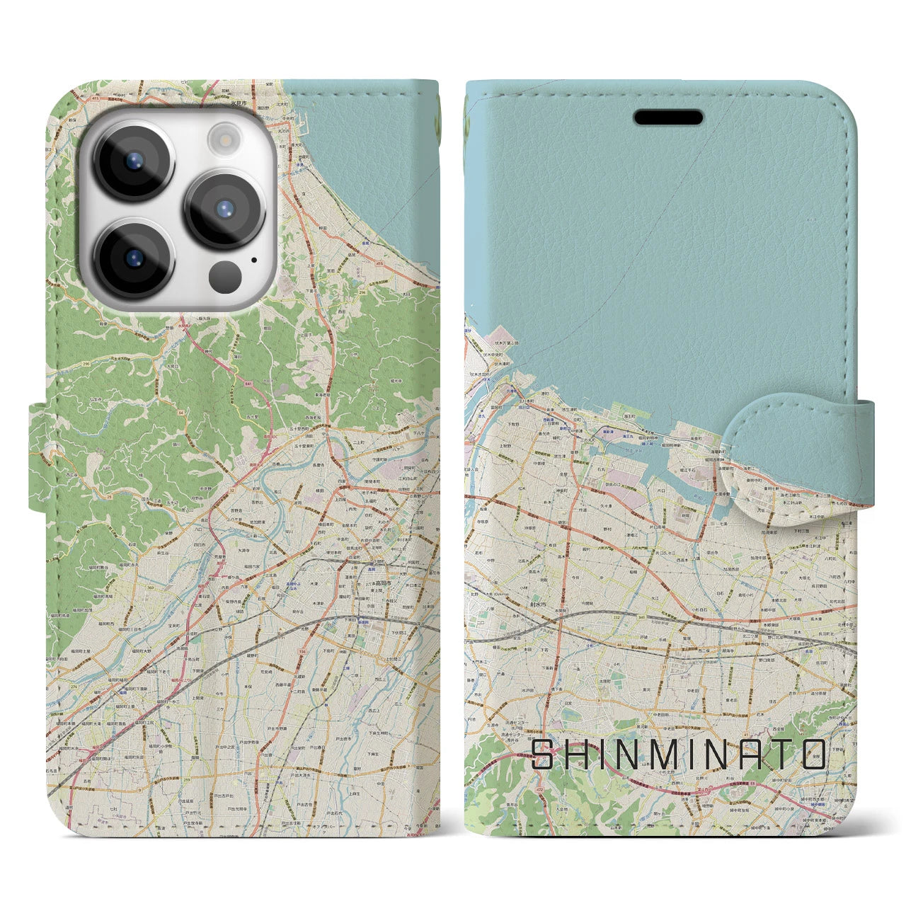 【新湊(富山県)】地図柄iPhoneケース(手帳タイプ)ナチュラル・iPhone 14 Pro 用
