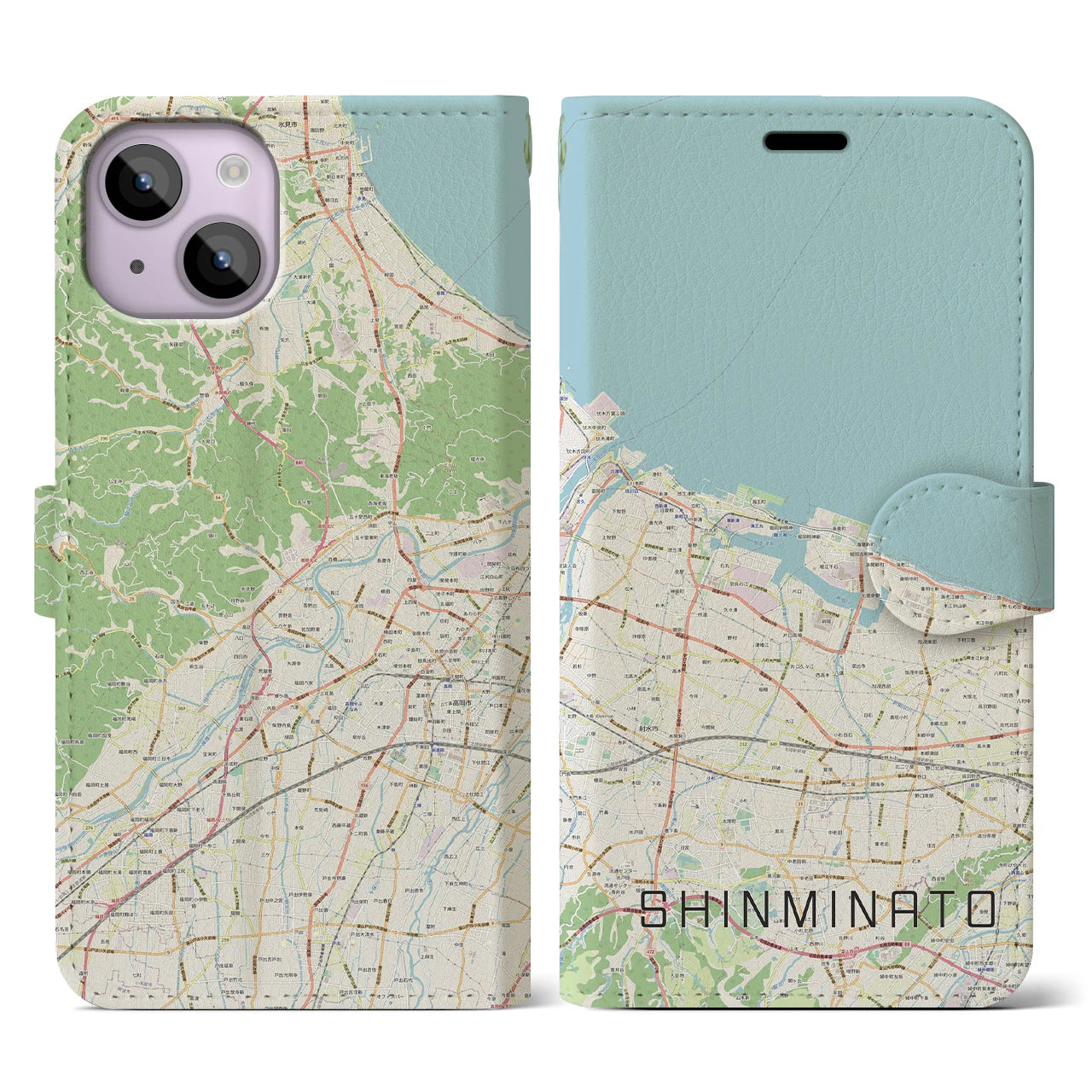 【新湊(富山県)】地図柄iPhoneケース(手帳タイプ)ナチュラル・iPhone 14 用