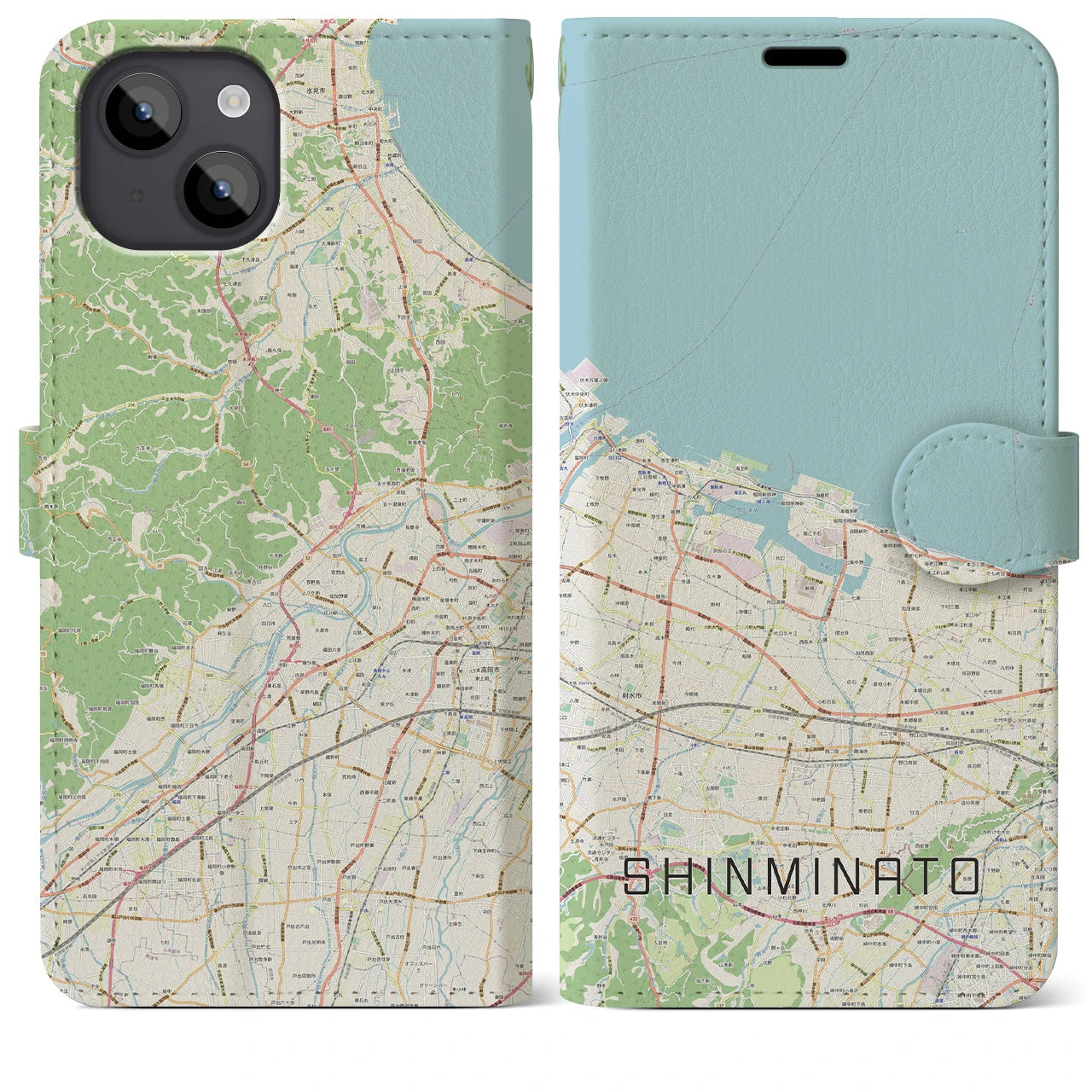 【新湊(富山県)】地図柄iPhoneケース(手帳タイプ)ナチュラル・iPhone 14 Plus 用