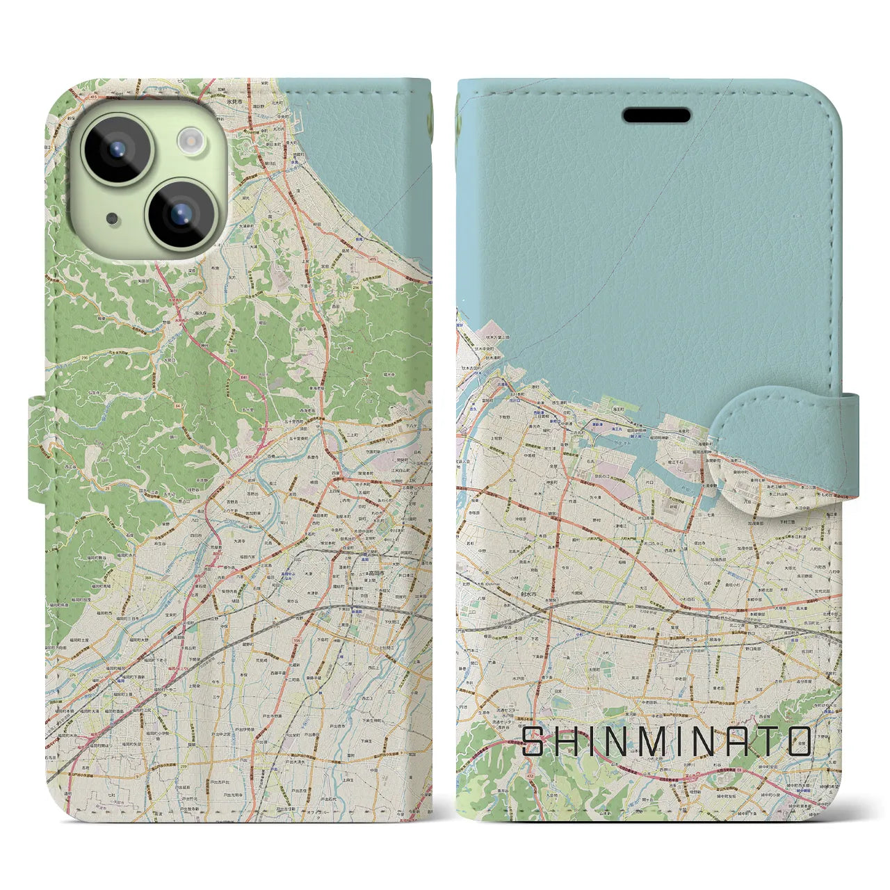 【新湊(富山県)】地図柄iPhoneケース(手帳タイプ)ナチュラル・iPhone 15 用