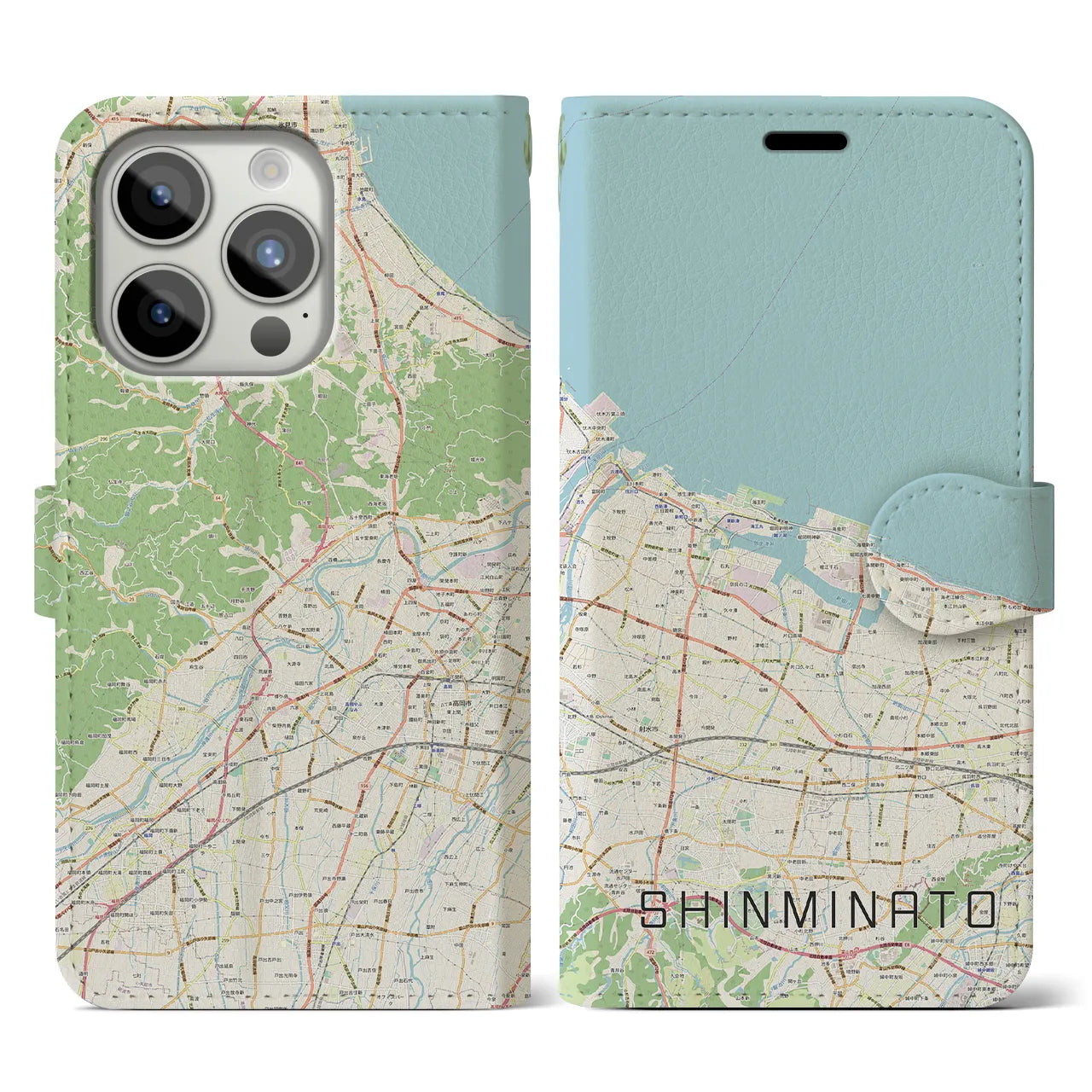 【新湊(富山県)】地図柄iPhoneケース(手帳タイプ)ナチュラル・iPhone 15 Pro 用